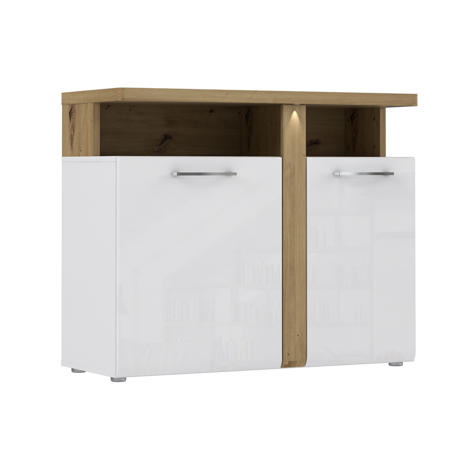Kommode - weiß Hochglanz - Artisan Eiche - LED-Beleuchtung - 104 cm breit