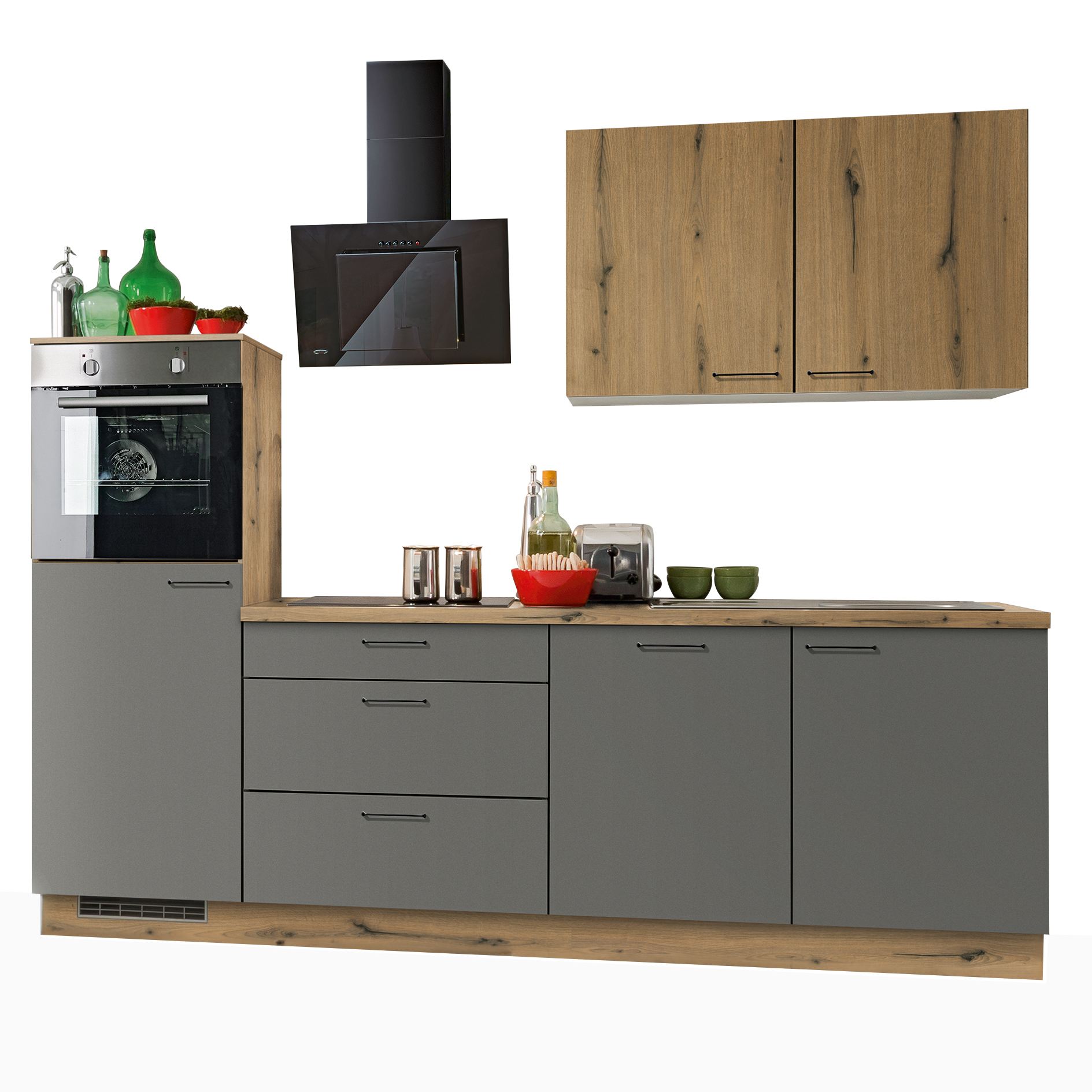 Küchenblock - anthrazit matt - Eiche astig - mit E-Geräten - Kühlschrank links - 270 cm