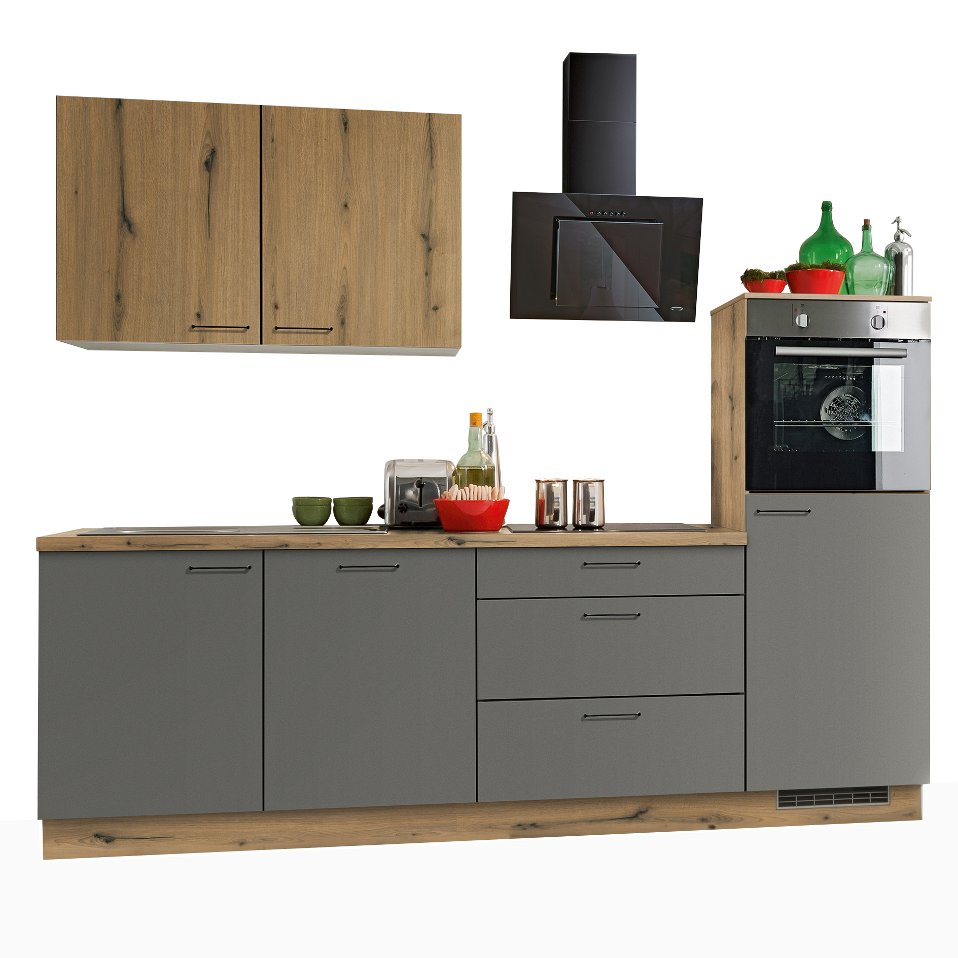Küchenblock - anthrazit matt - Eiche astig - mit E-Geräten - Kühlschrank rechts - 270 cm