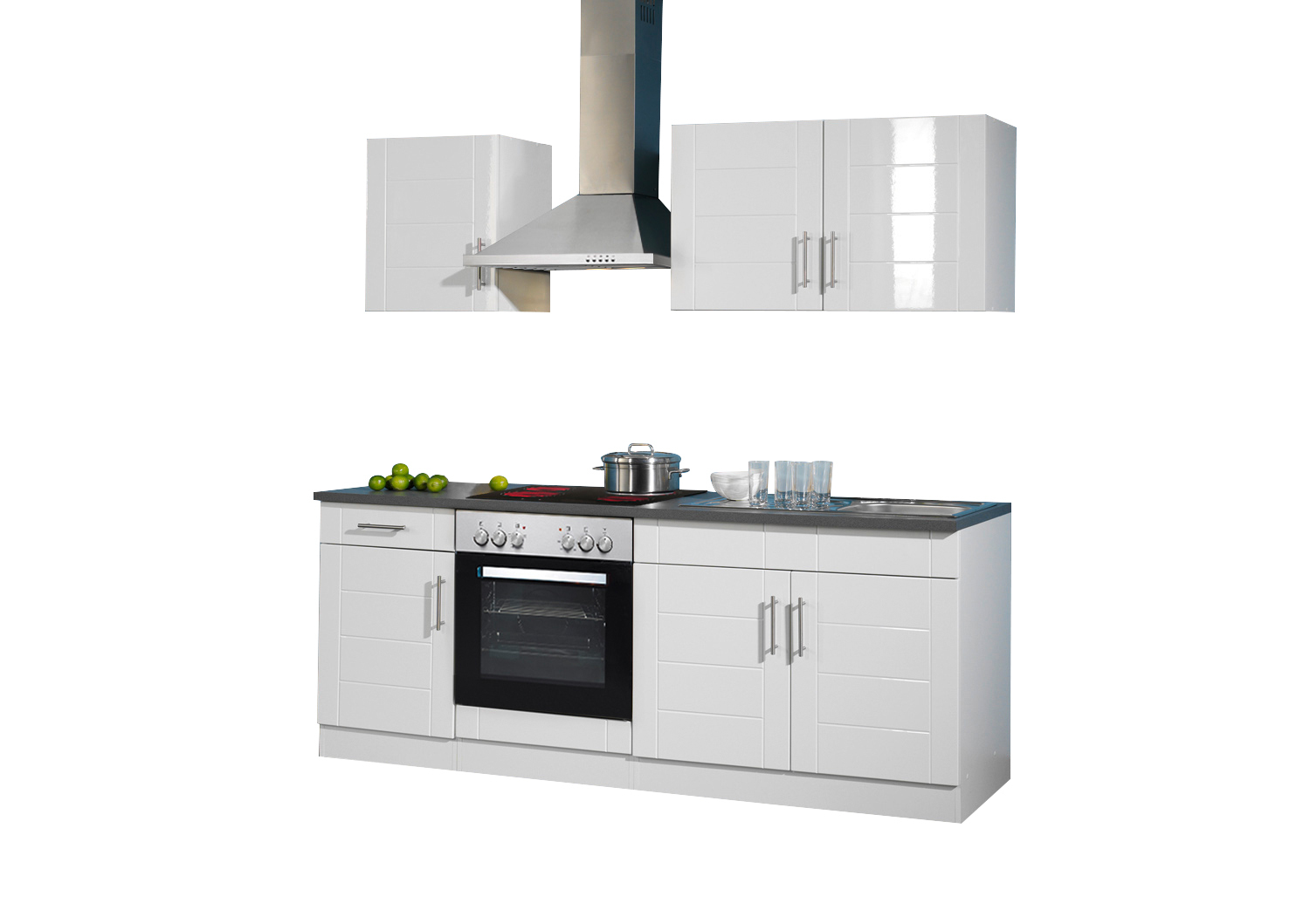 Küchenblock BASEL - weiß Hochglanz - weiß - mit E-Geräten - 210 cm
