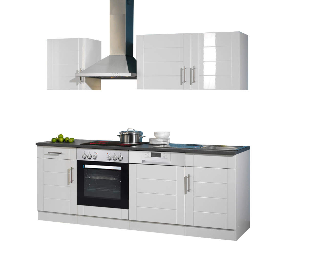 Küchenblock BASEL - weiß Hochglanz - weiß - mit E-Geräten - 220 cm