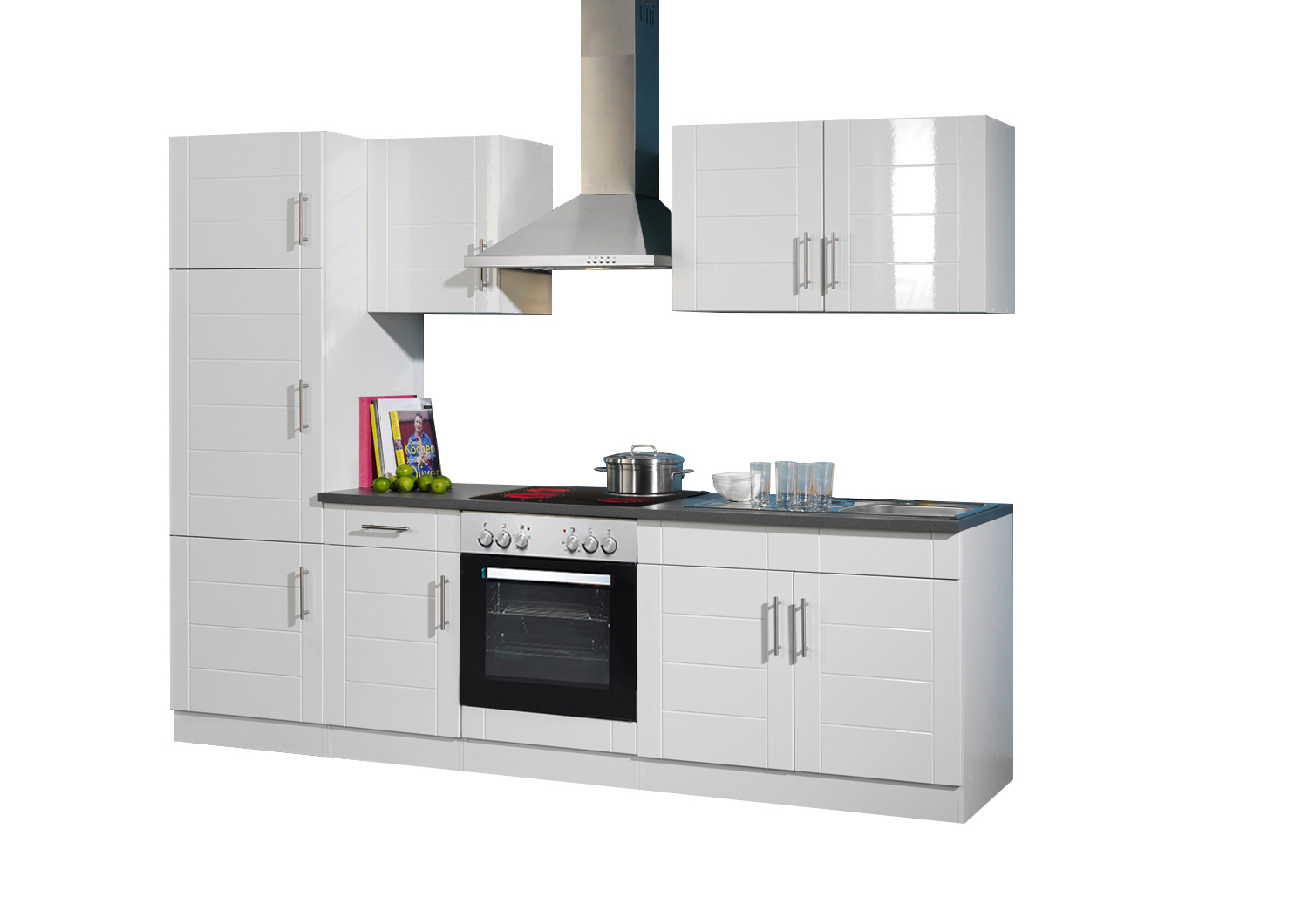 Küchenblock BASEL - weiß Hochglanz - weiß - mit E-Geräten - 270 cm