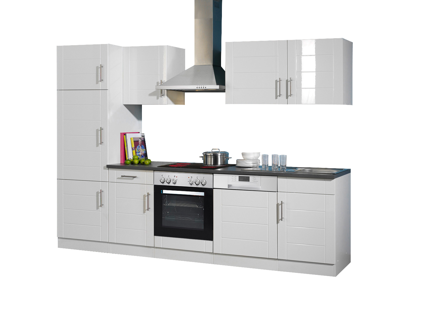 Küchenblock BASEL - weiß Hochglanz - weiß - mit E-Geräten - 280 cm
