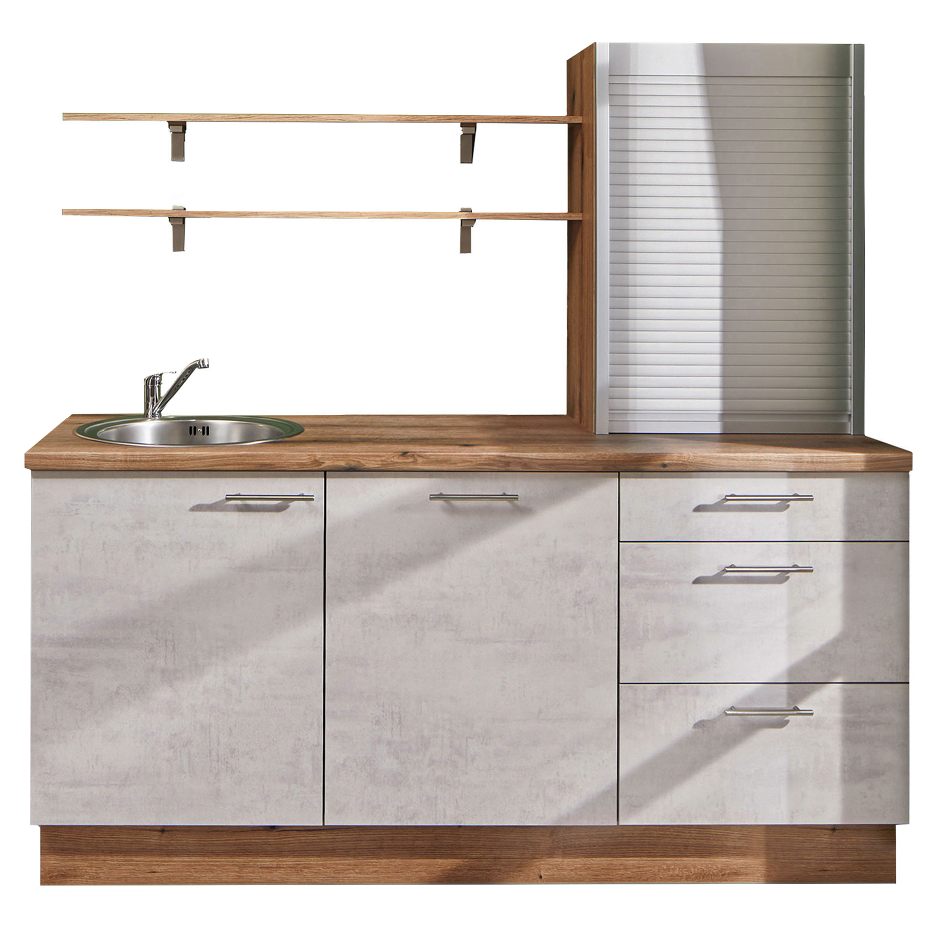 Küchenblock - Beton-weißgrau - Evoke Eiche - Spüle links - 180 cm