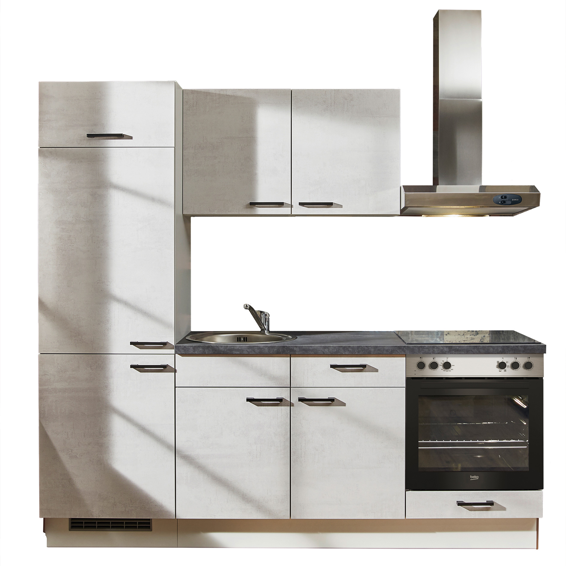 Küchenblock - Beton-weißgrau - Kühlschrank links - 220 cm