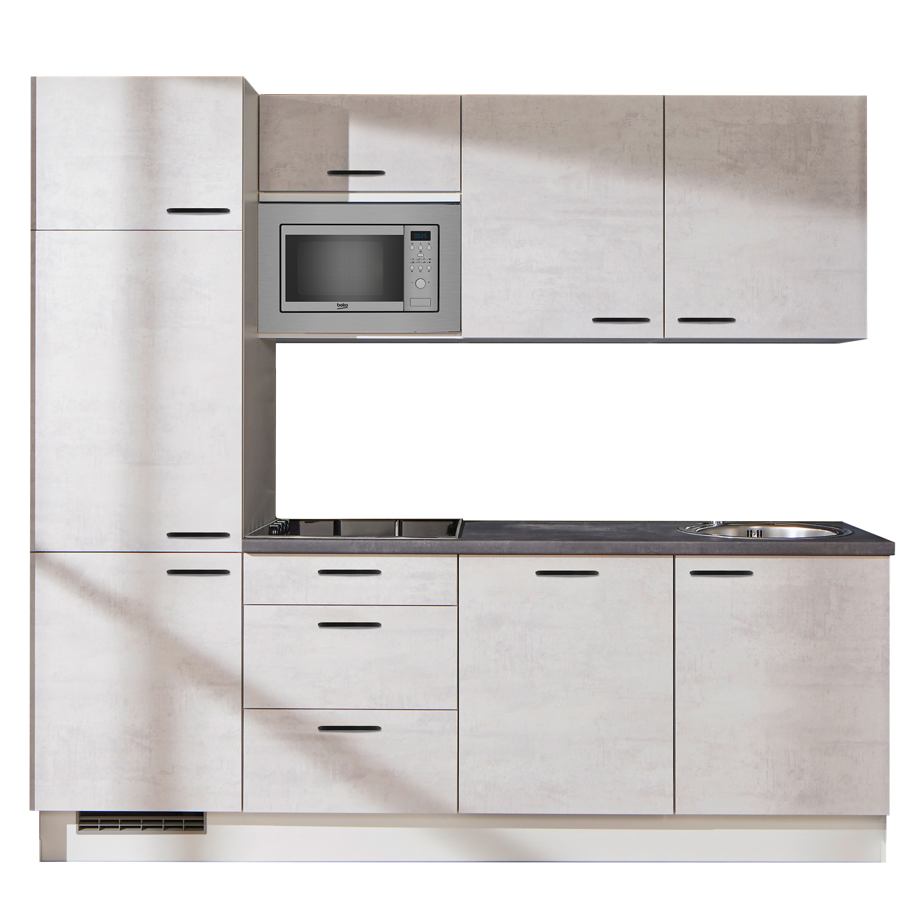 Küchenblock - Beton-weißgrau - Kühlschrank links - 240 cm