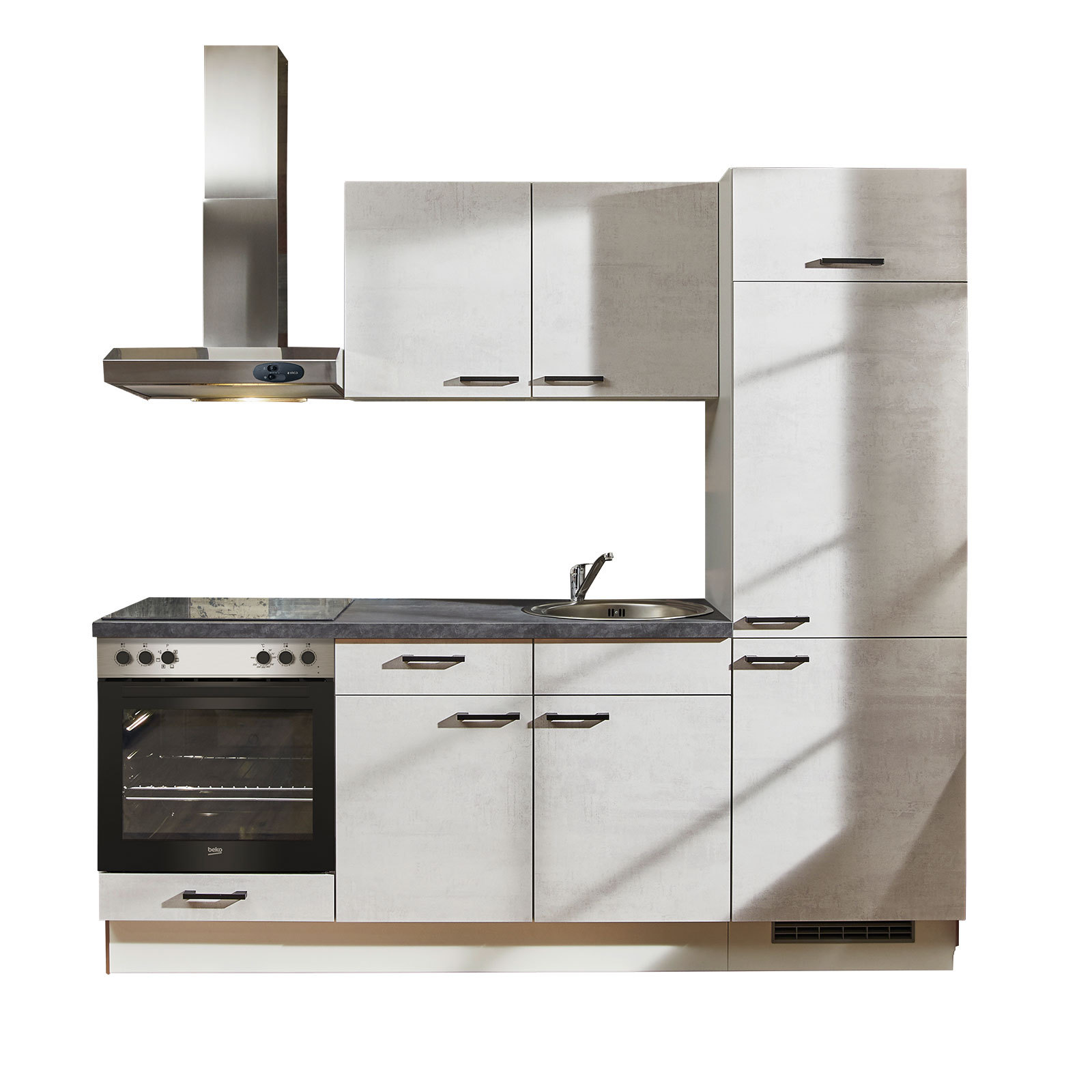Küchenblock - Beton-weißgrau - Kühlschrank rechts - 220 cm