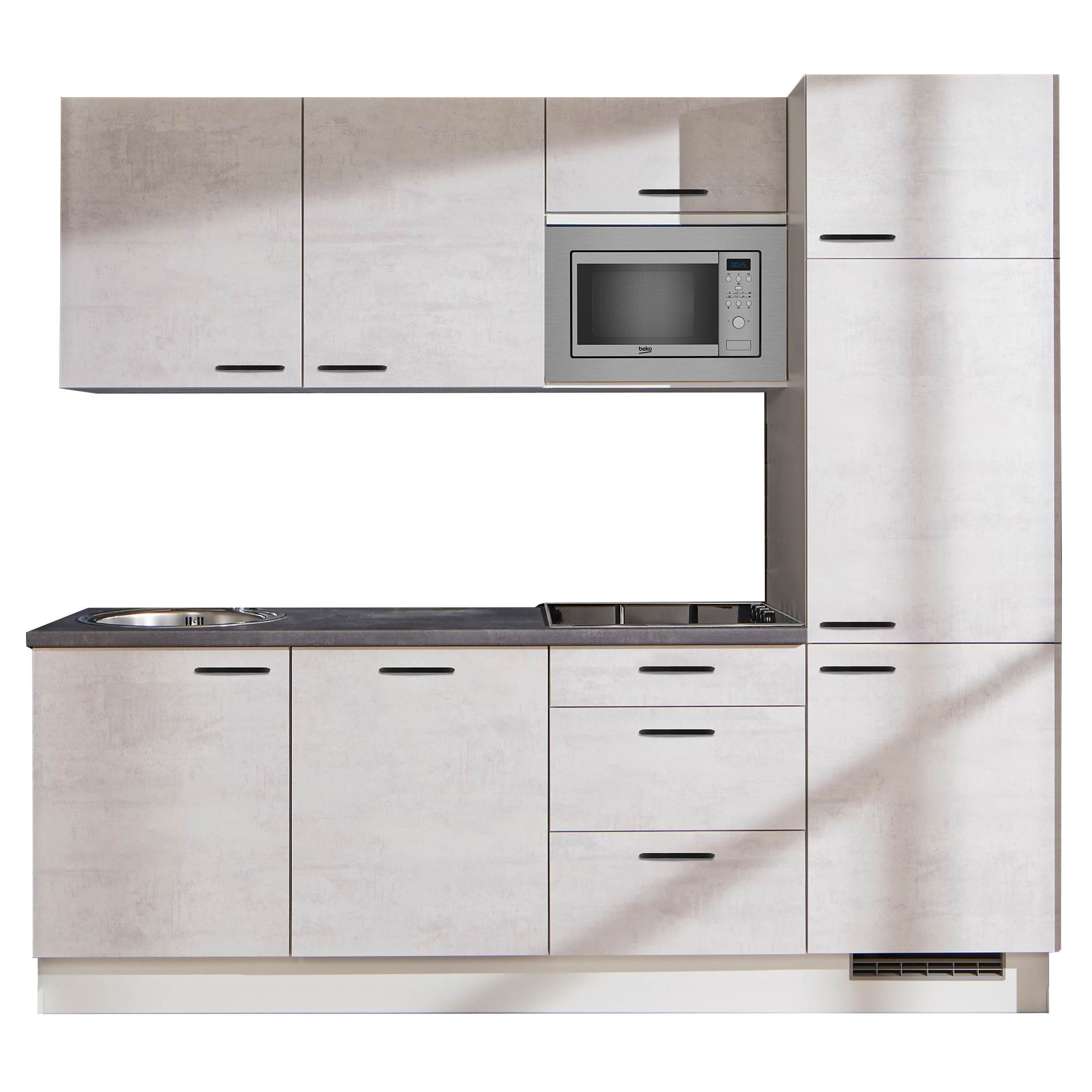 Küchenblock - Beton-weißgrau - Kühlschrank rechts - 240 cm