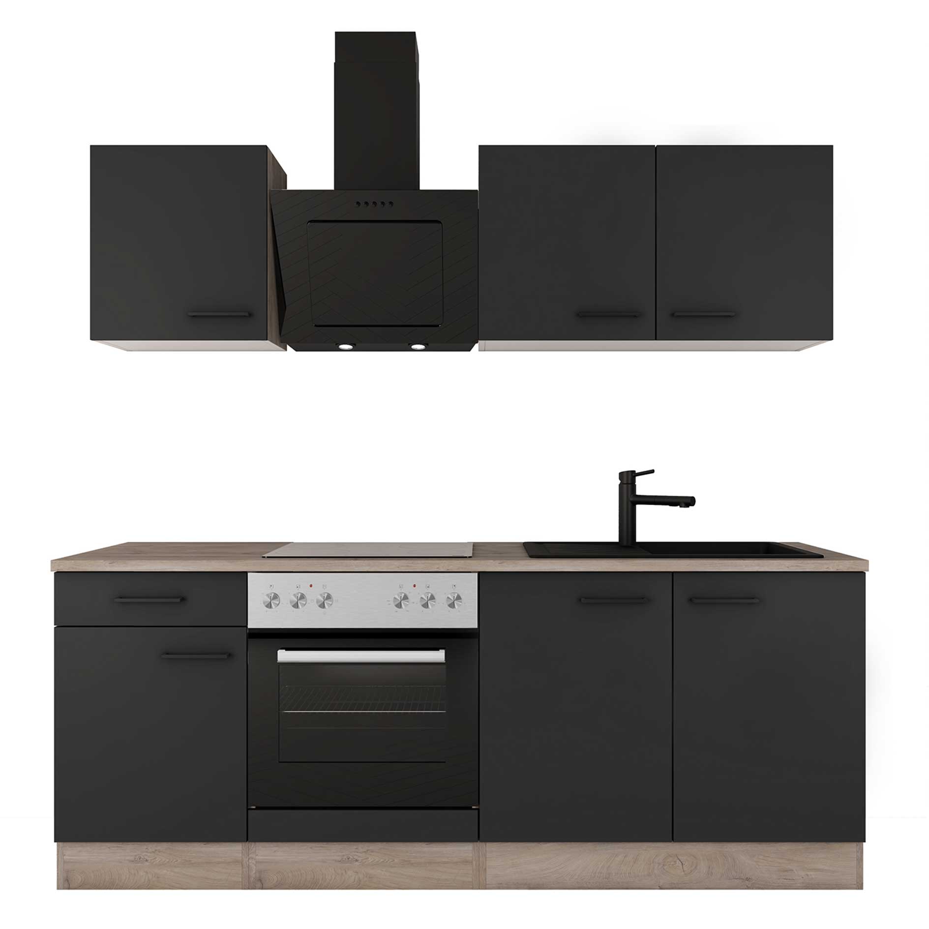 Küchenblock CAPRI - Touch schwarz - Endgrain Oak - mit E-Geräten - 210 cm