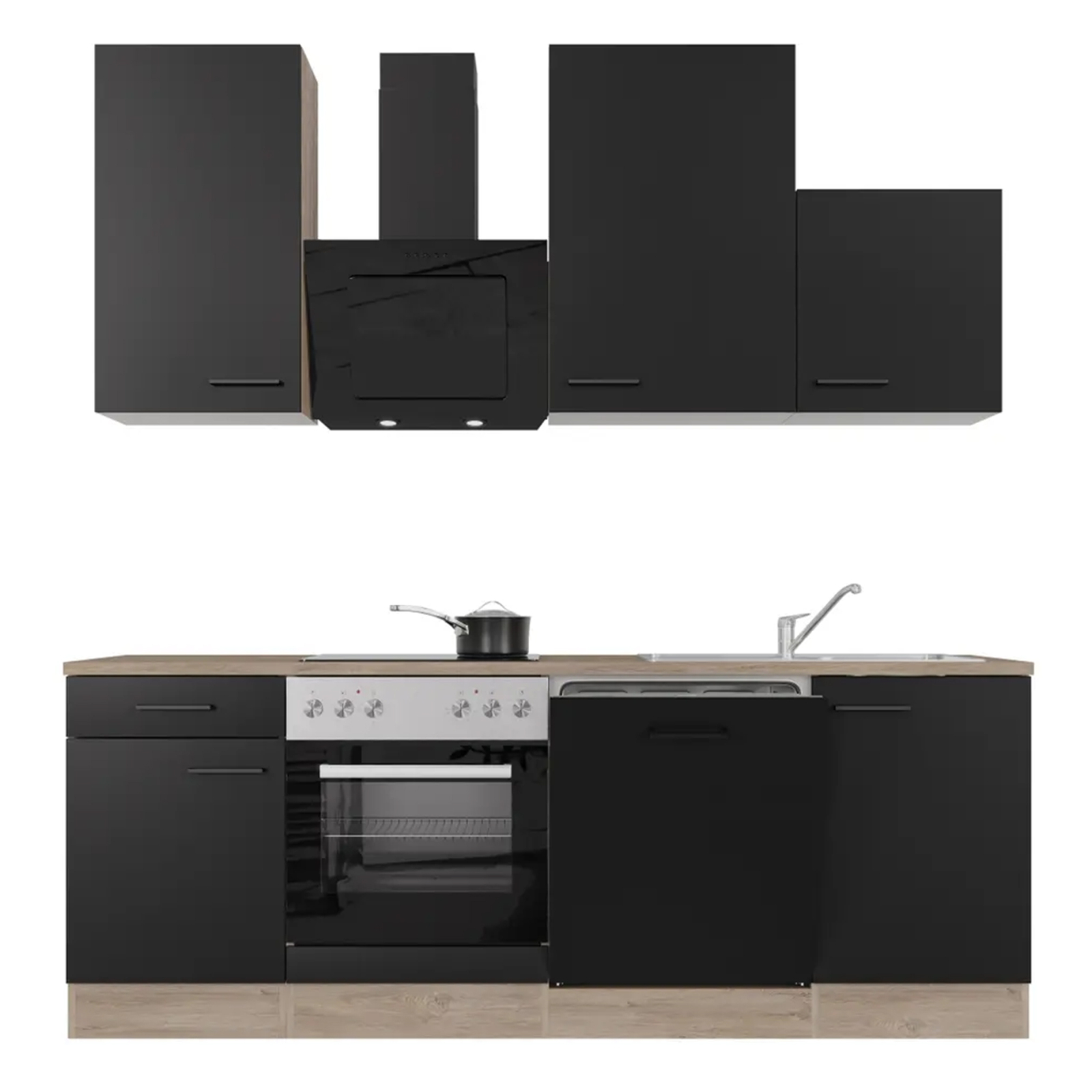 Küchenblock CAPRI - Touch schwarz - Endgrain Oak - mit E-Geräten - 220 cm