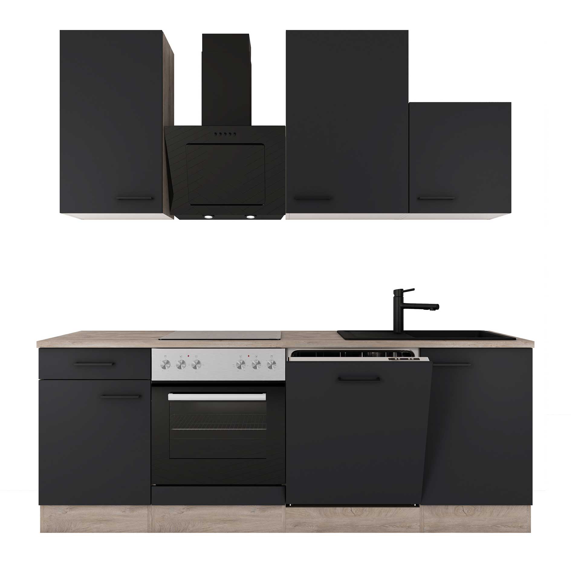 Küchenblock CAPRI - Touch schwarz - Endgrain Oak - mit E-Geräten - 220 cm