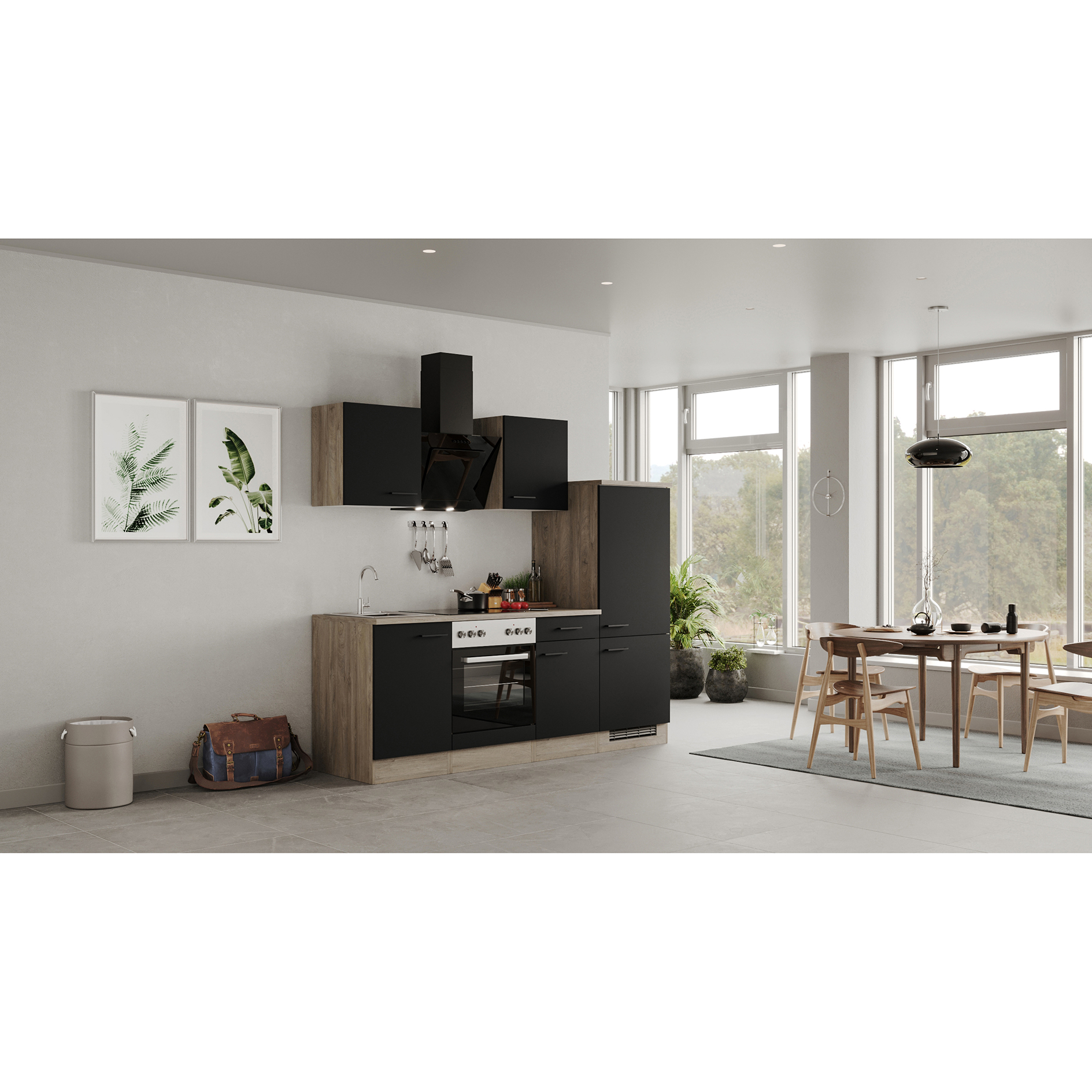 Küchenblock CAPRI - Touch schwarz - Endgrain Oak - mit E-Geräten - 220 cm