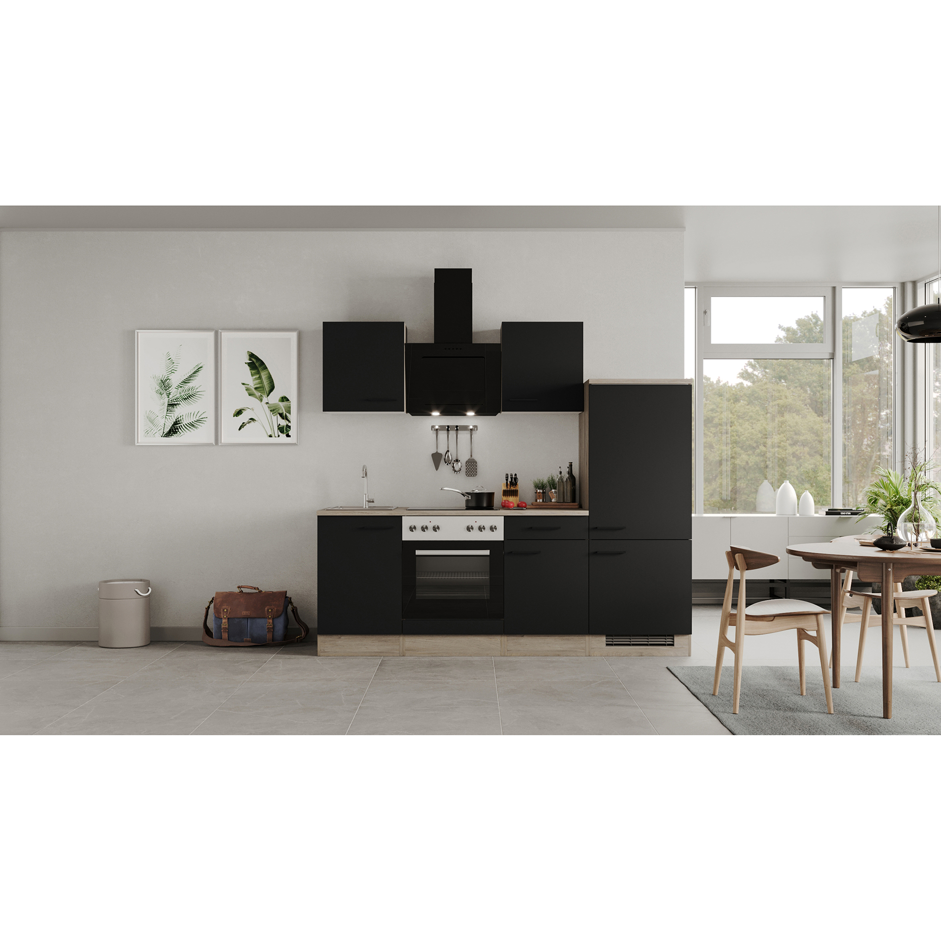 Küchenblock CAPRI - Touch schwarz - Endgrain Oak - mit E-Geräten - 220 cm