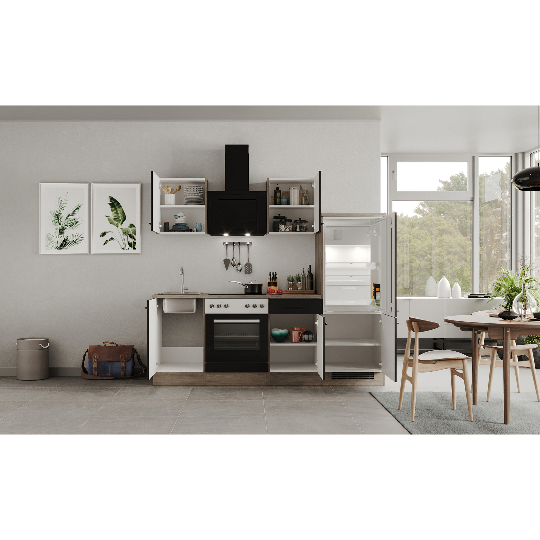 Küchenblock CAPRI - Touch schwarz - Endgrain Oak - mit E-Geräten - 220 cm