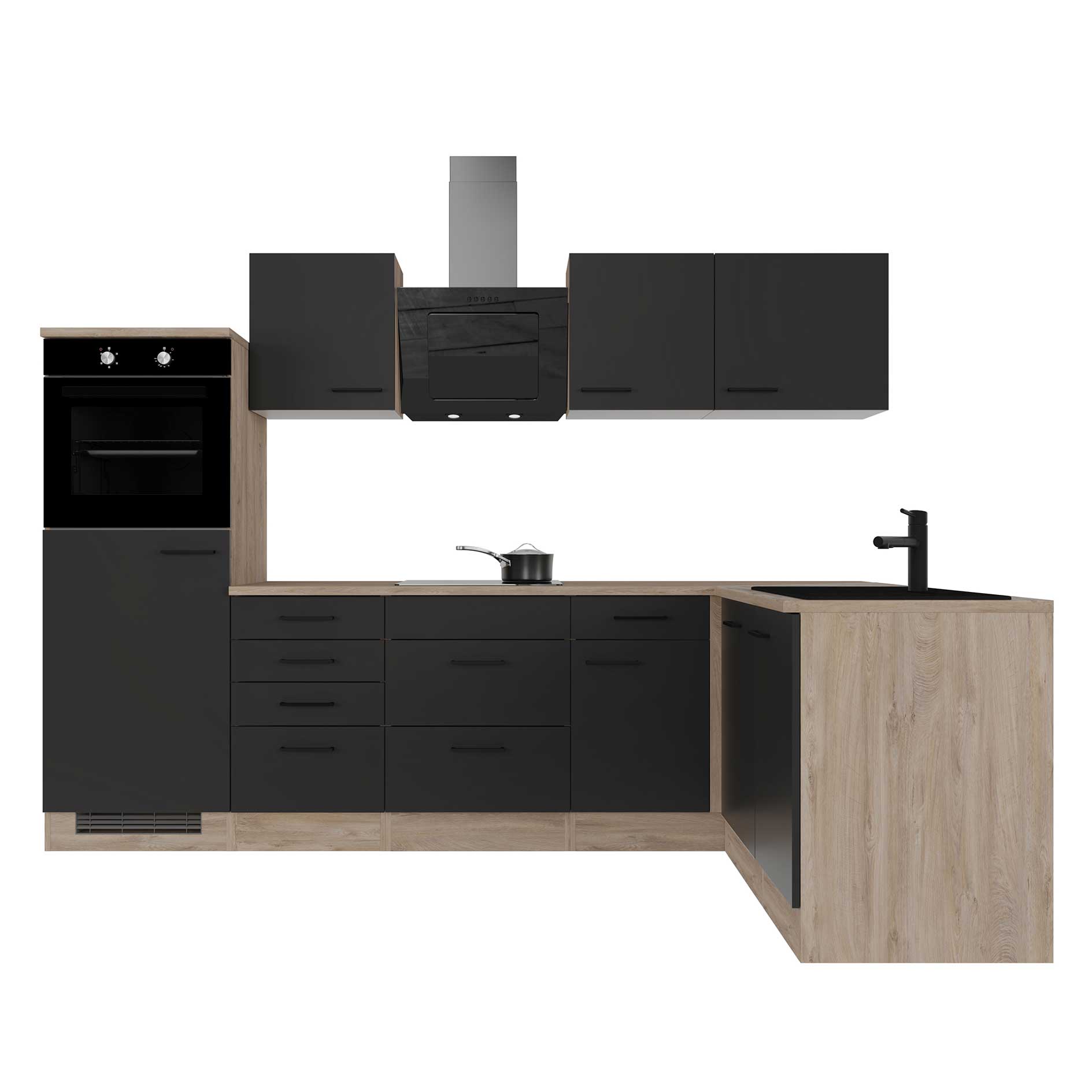 Küchenblock CAPRI - Touch schwarz - Endgrain Oak - mit E-Geräten - 280x170 cm