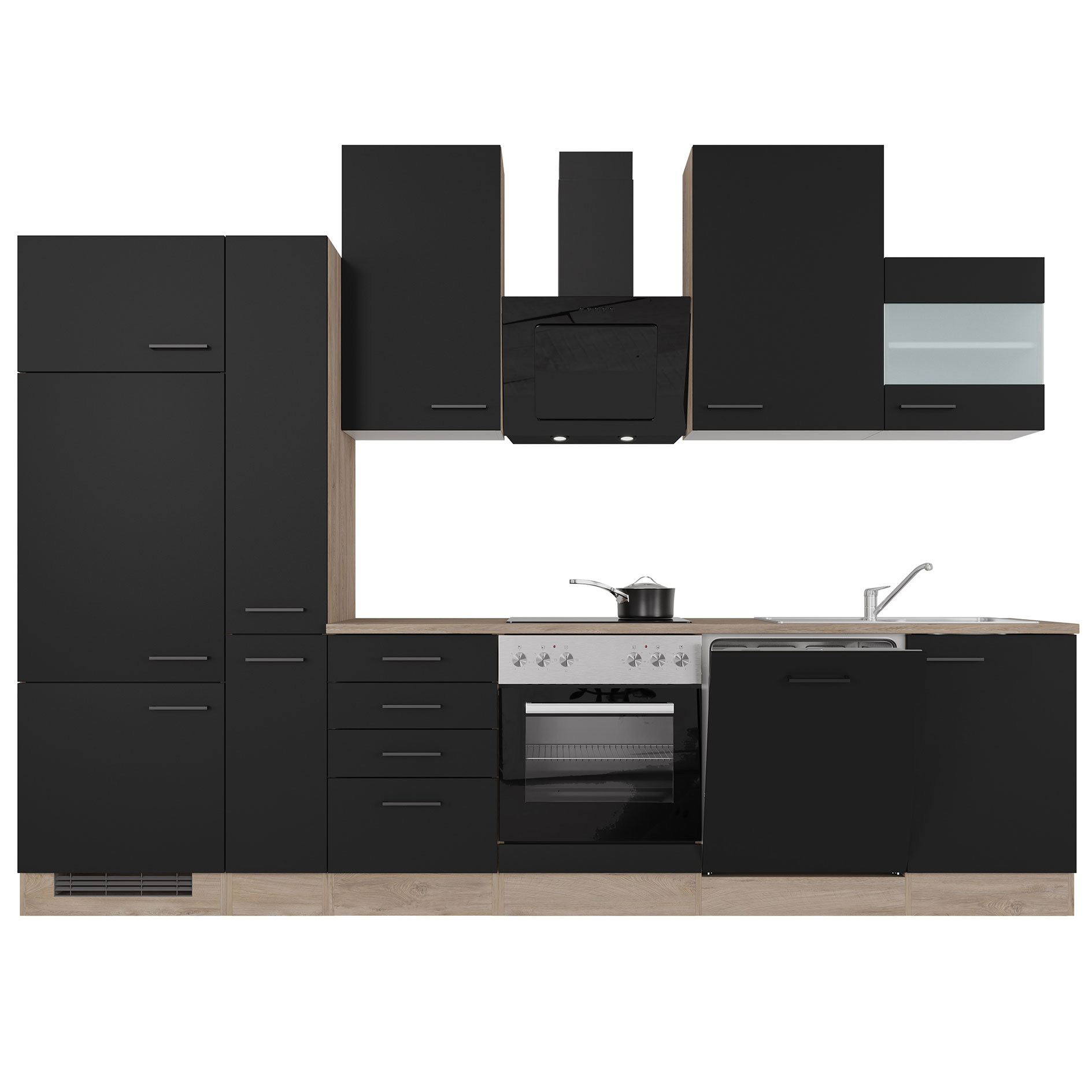 Küchenblock CAPRI - Touch schwarz - Endgrain Oak - mit E-Geräten - 310 cm