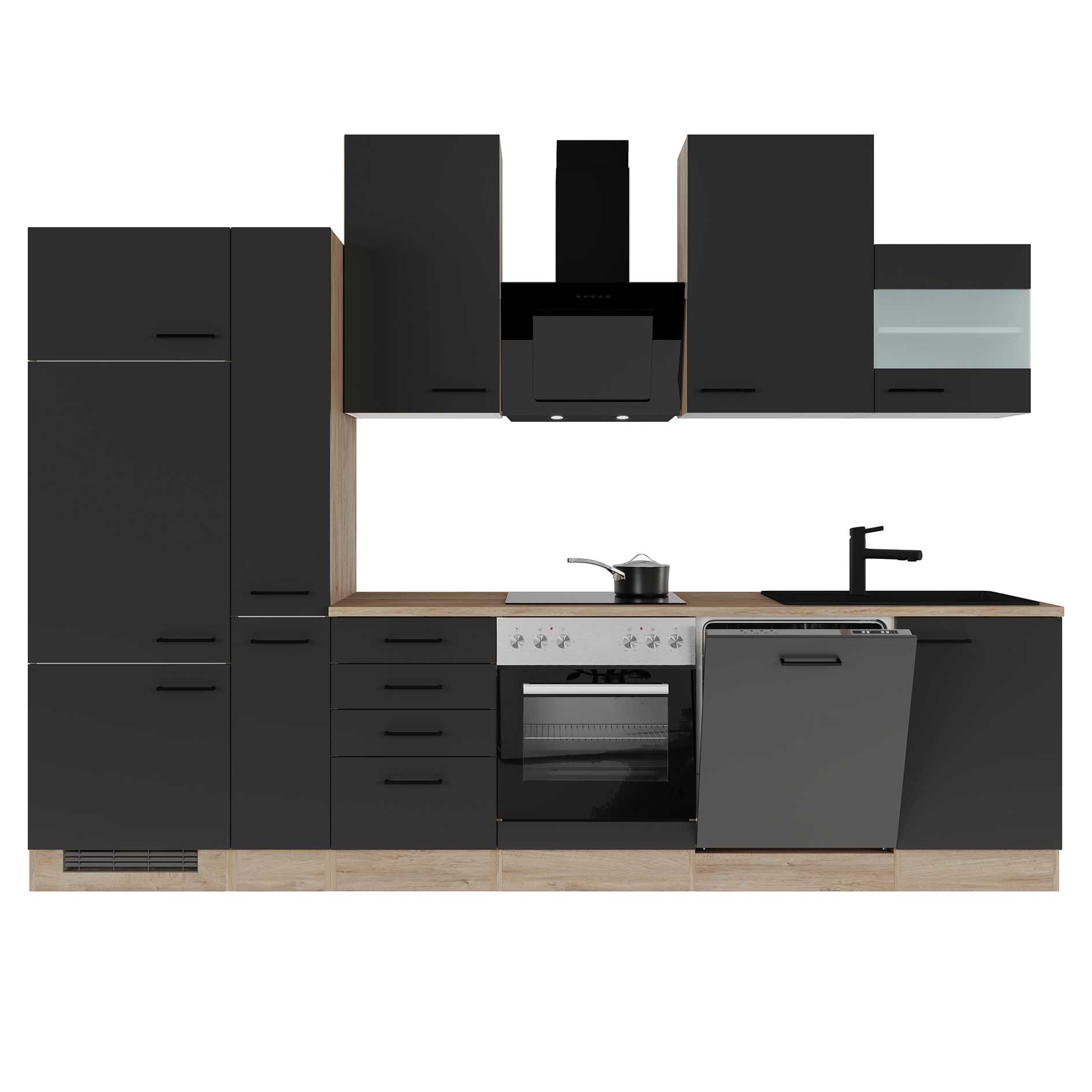 Küchenblock CAPRI - Touch schwarz - Endgrain Oak - mit E-Geräten - 310 cm