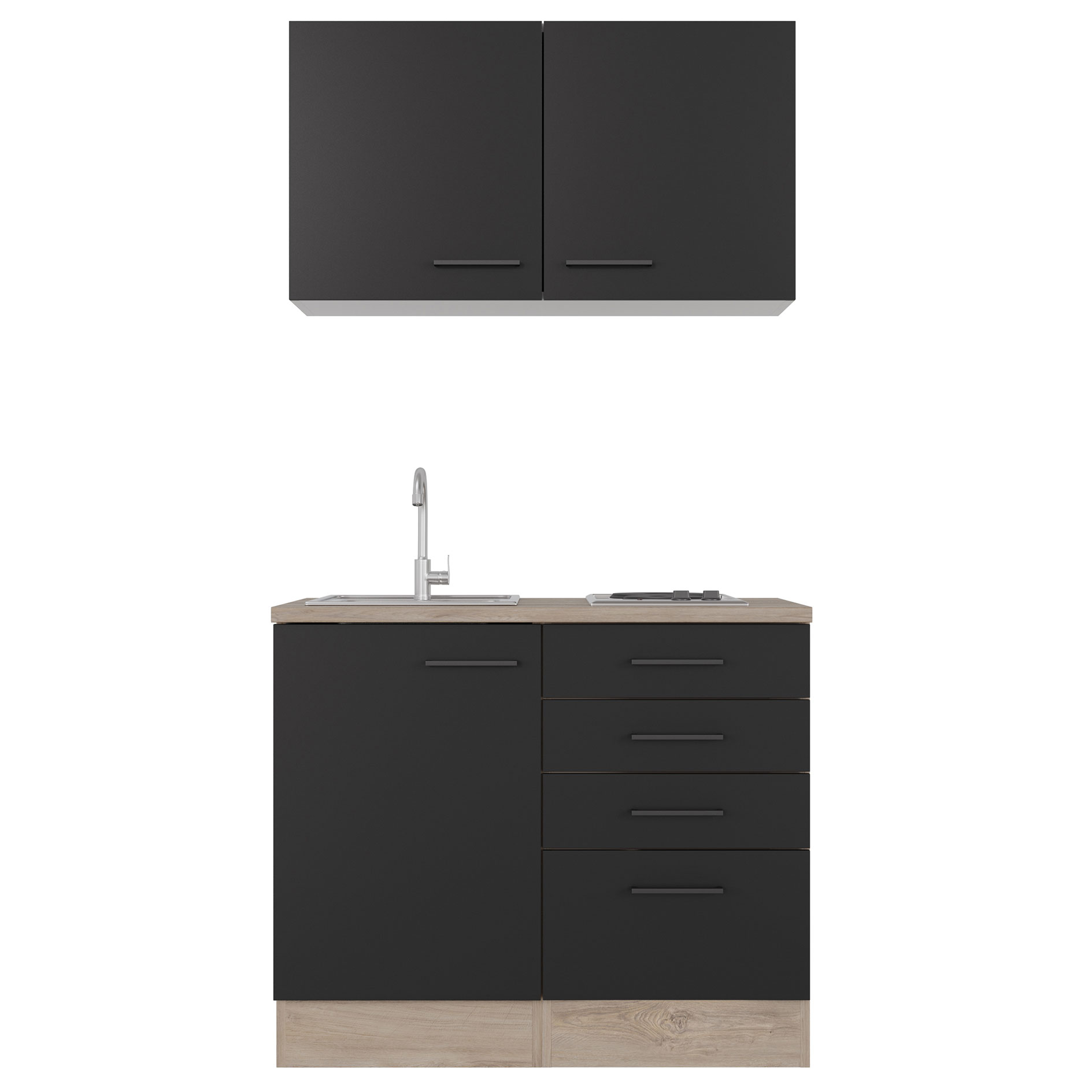 Küchenblock CAPRI - Touch schwarz - Endgrain Oak - mit Kochfeld - 100 cm
