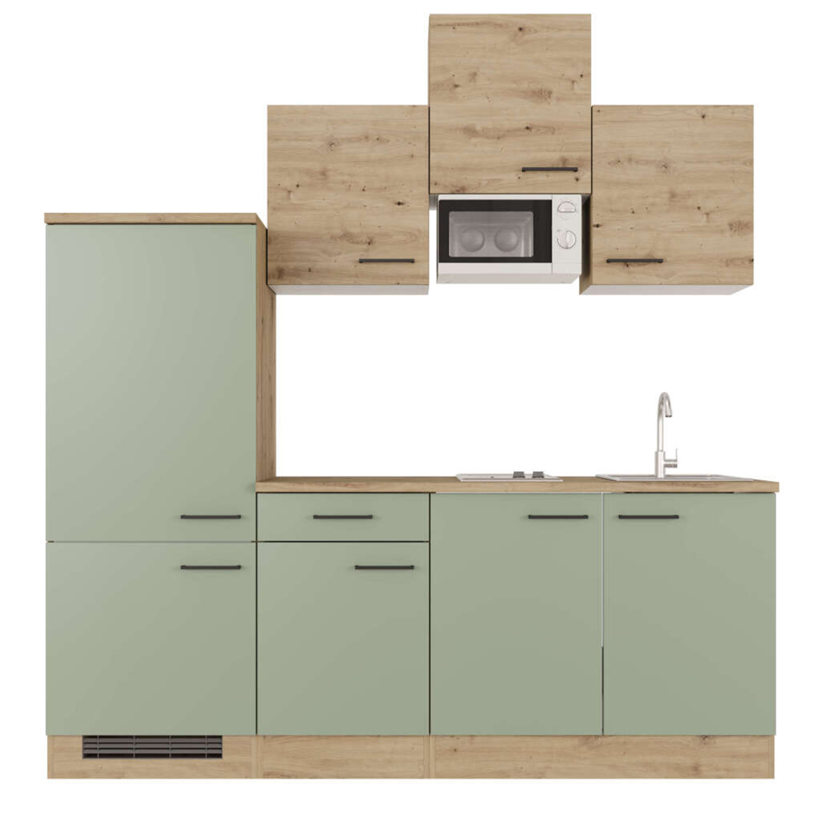 Küchenblock CARA - schilfgrün - Artisan Eiche - mit E-Geräten - 210 cm