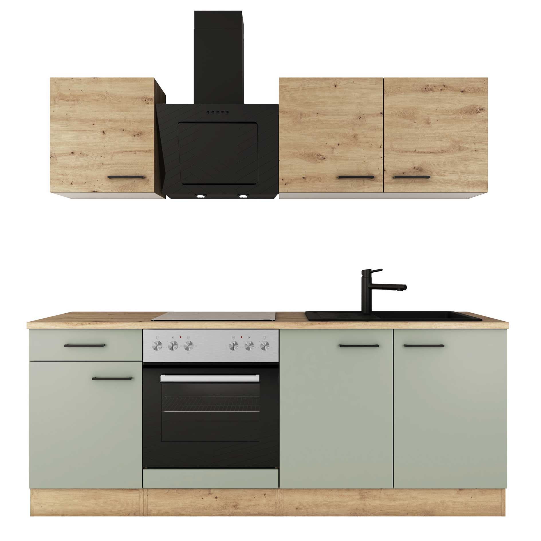 Küchenblock CARA - schilfgrün - Artisan Eiche - mit E-Geräten - 210 cm
