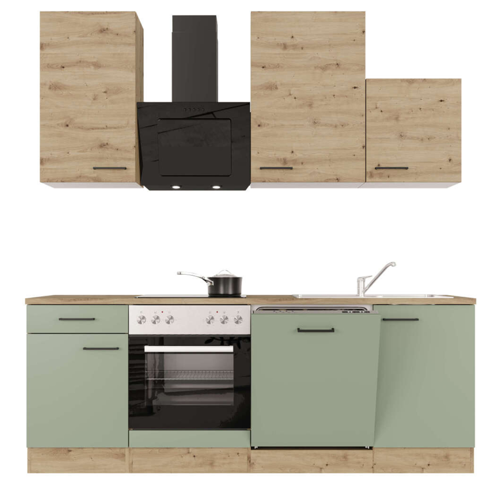 Küchenblock CARA - schilfgrün - Artisan Eiche - mit E-Geräten - 220 cm