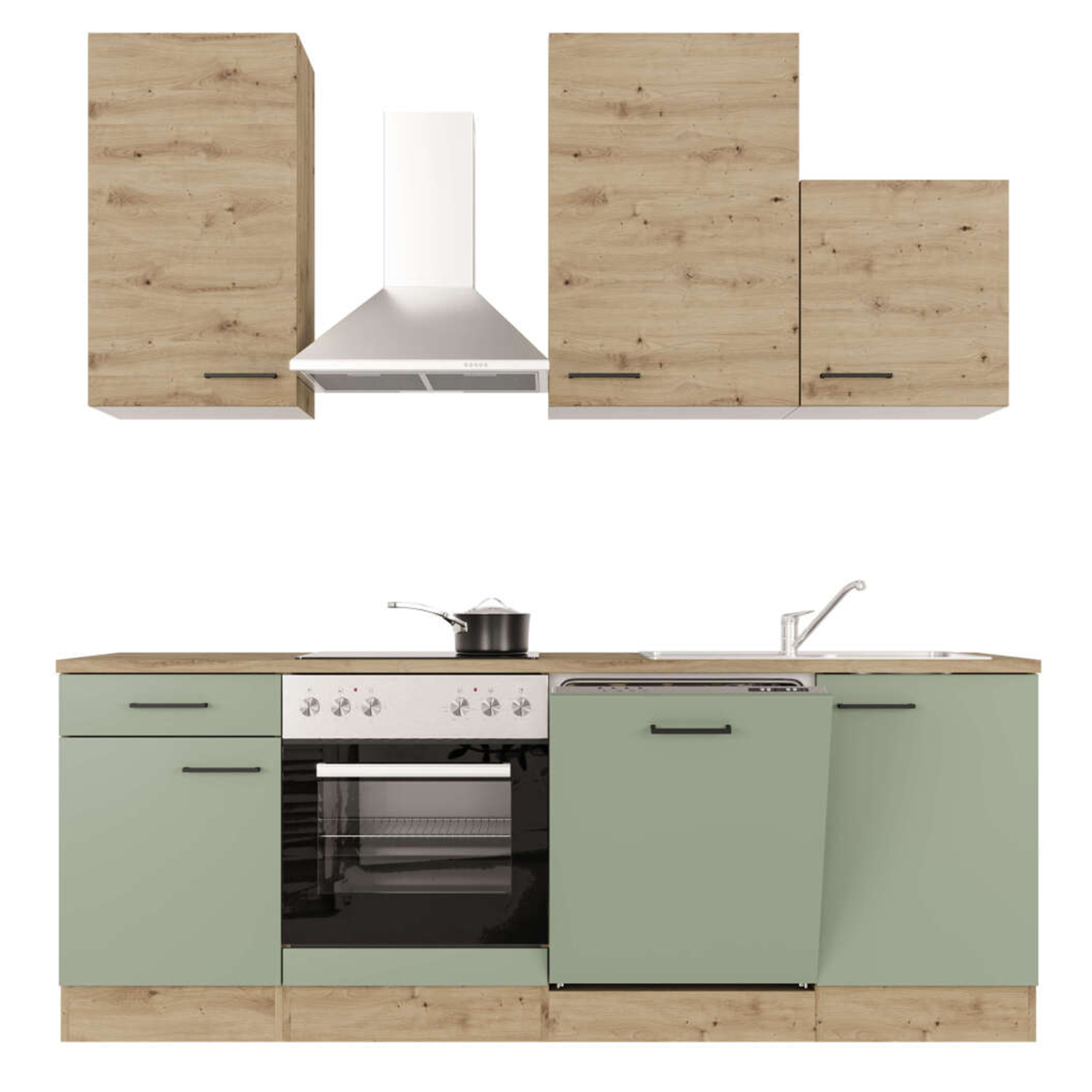 Küchenblock CARA - schilfgrün - Artisan Eiche - mit E-Geräten - 220 cm
