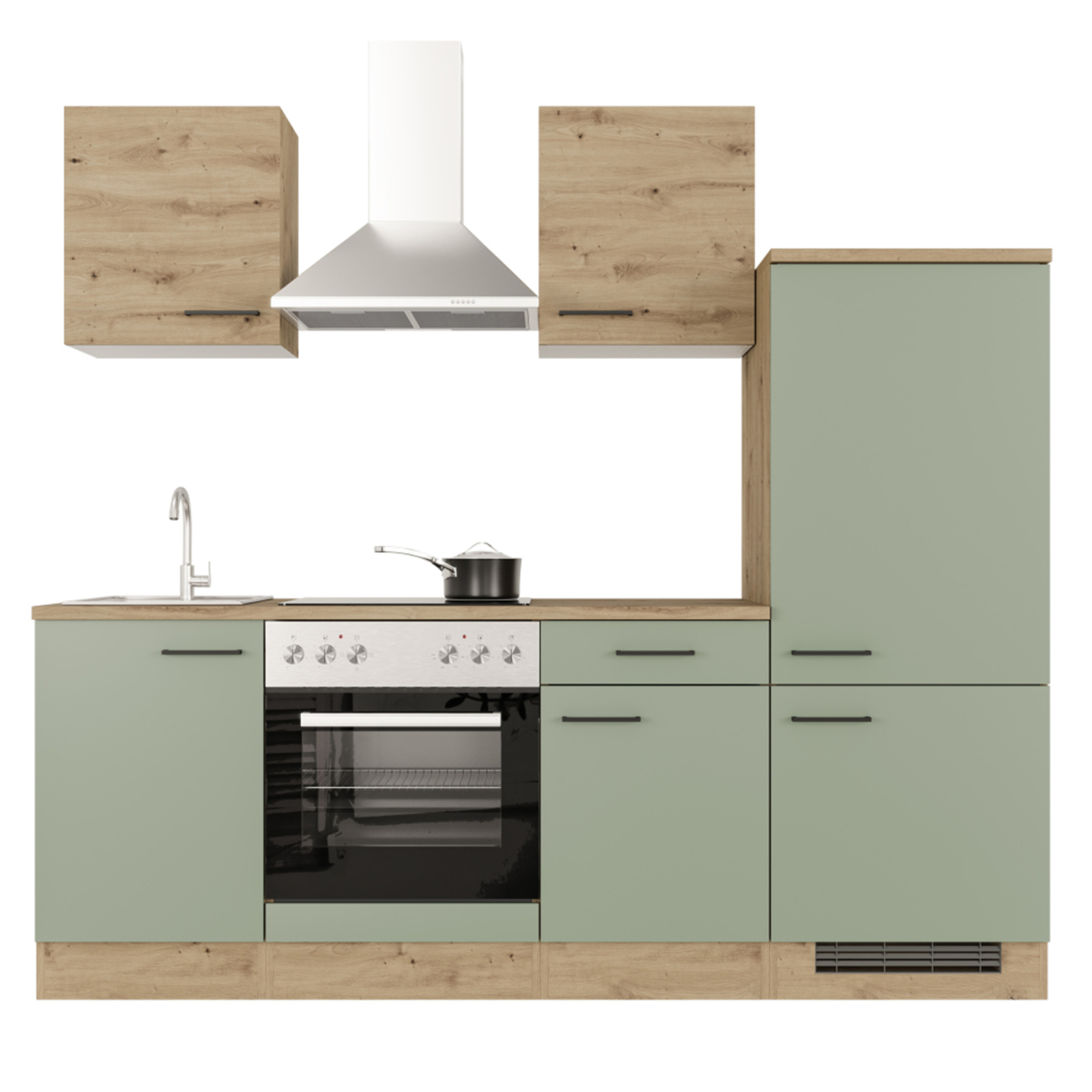 Küchenblock CARA - schilfgrün - Artisan Eiche - mit E-Geräten - 220 cm