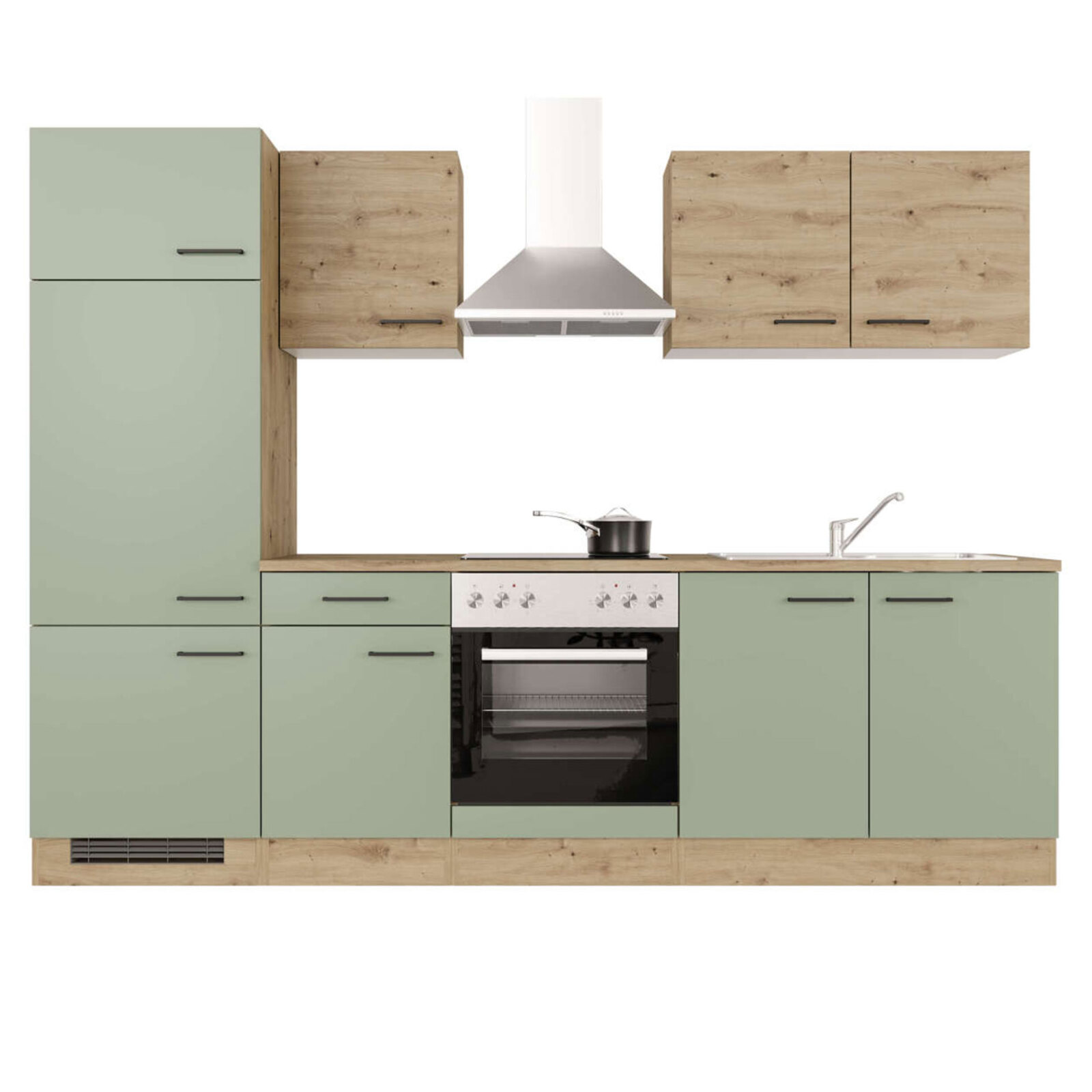 Küchenblock CARA - schilfgrün - Artisan Eiche - mit E-Geräten - 270 cm