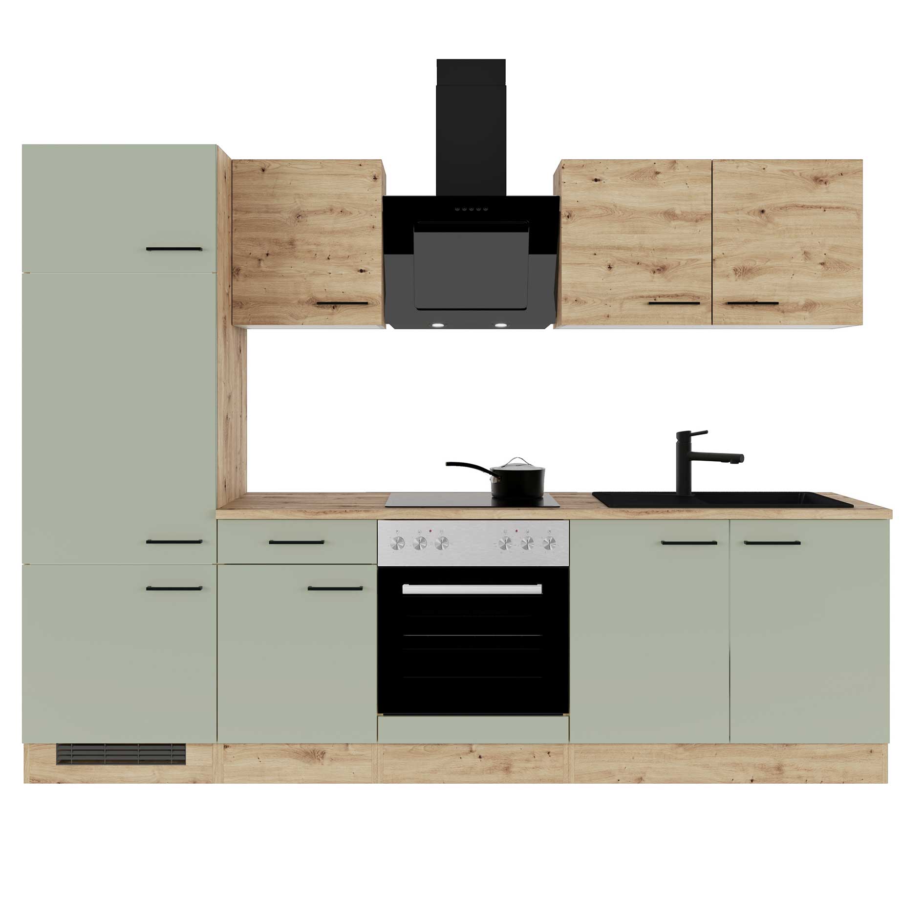 Küchenblock CARA - schilfgrün - Artisan Eiche - mit E-Geräten - 270 cm