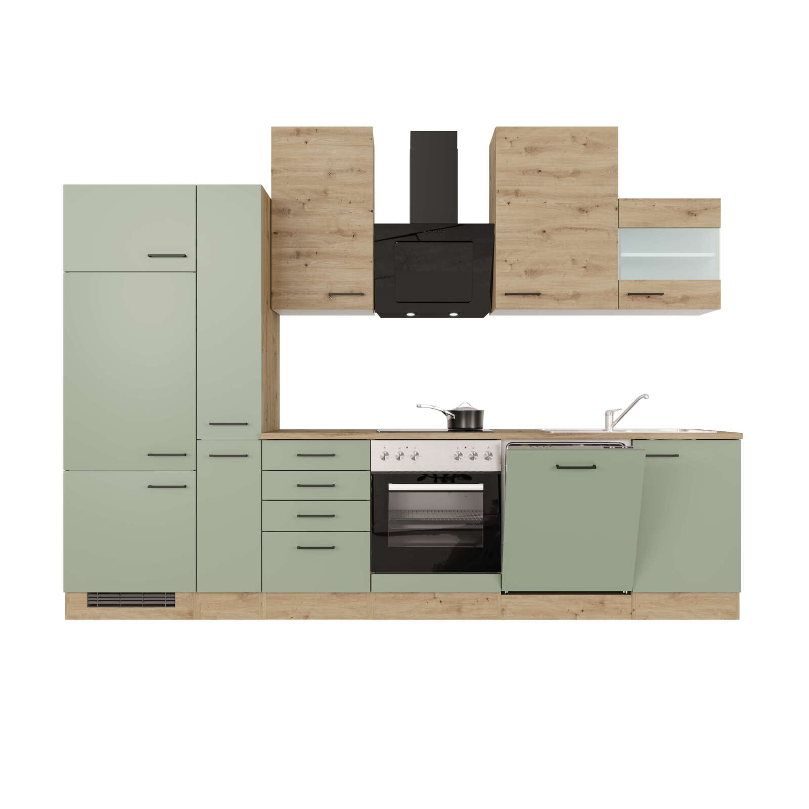 Küchenblock CARA - schilfgrün - Artisan Eiche - mit E-Geräten - 310 cm