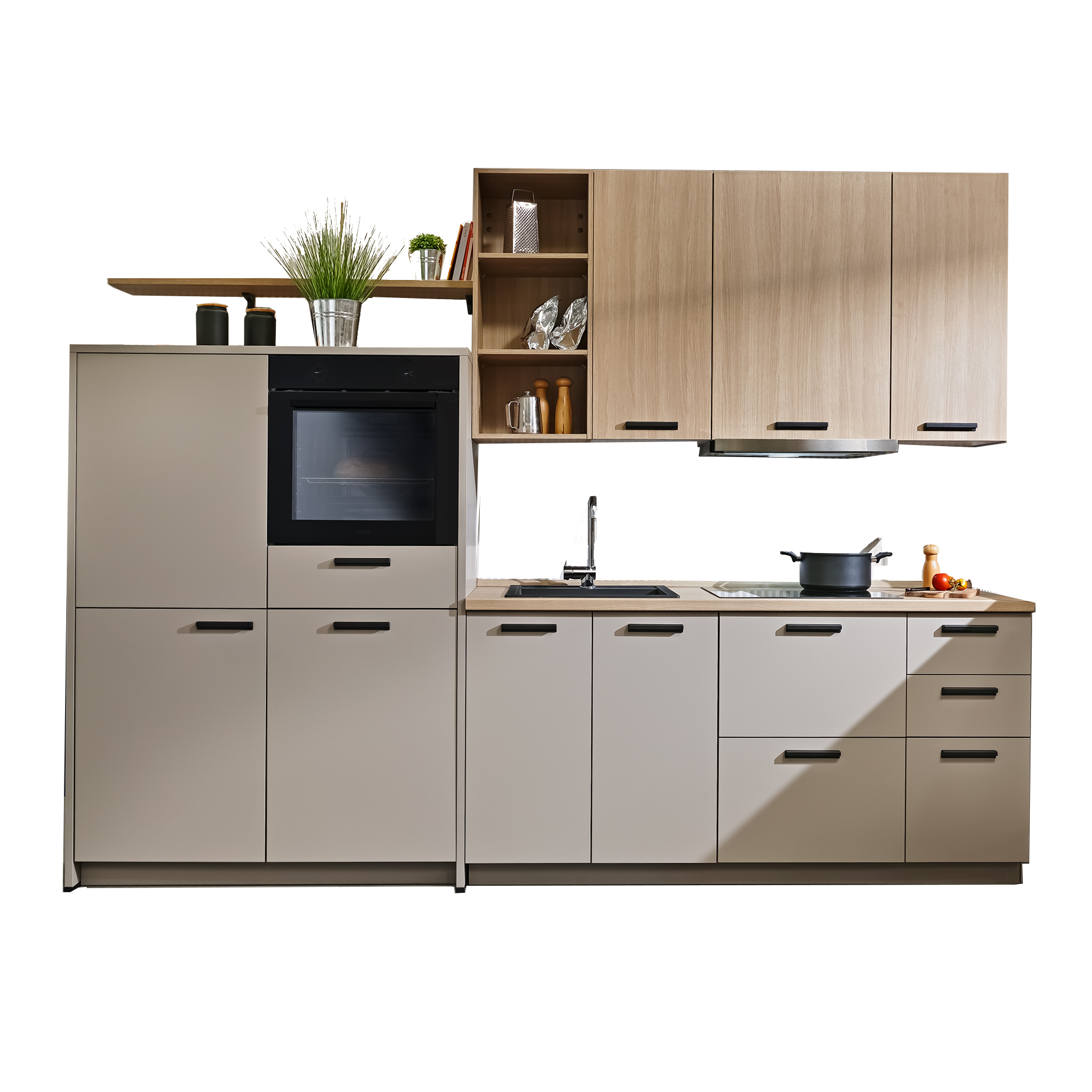 Küchenblock - Lava matt - Natureiche edelmatt - mit E-Geräten - Kühlschrank links - 305 cm