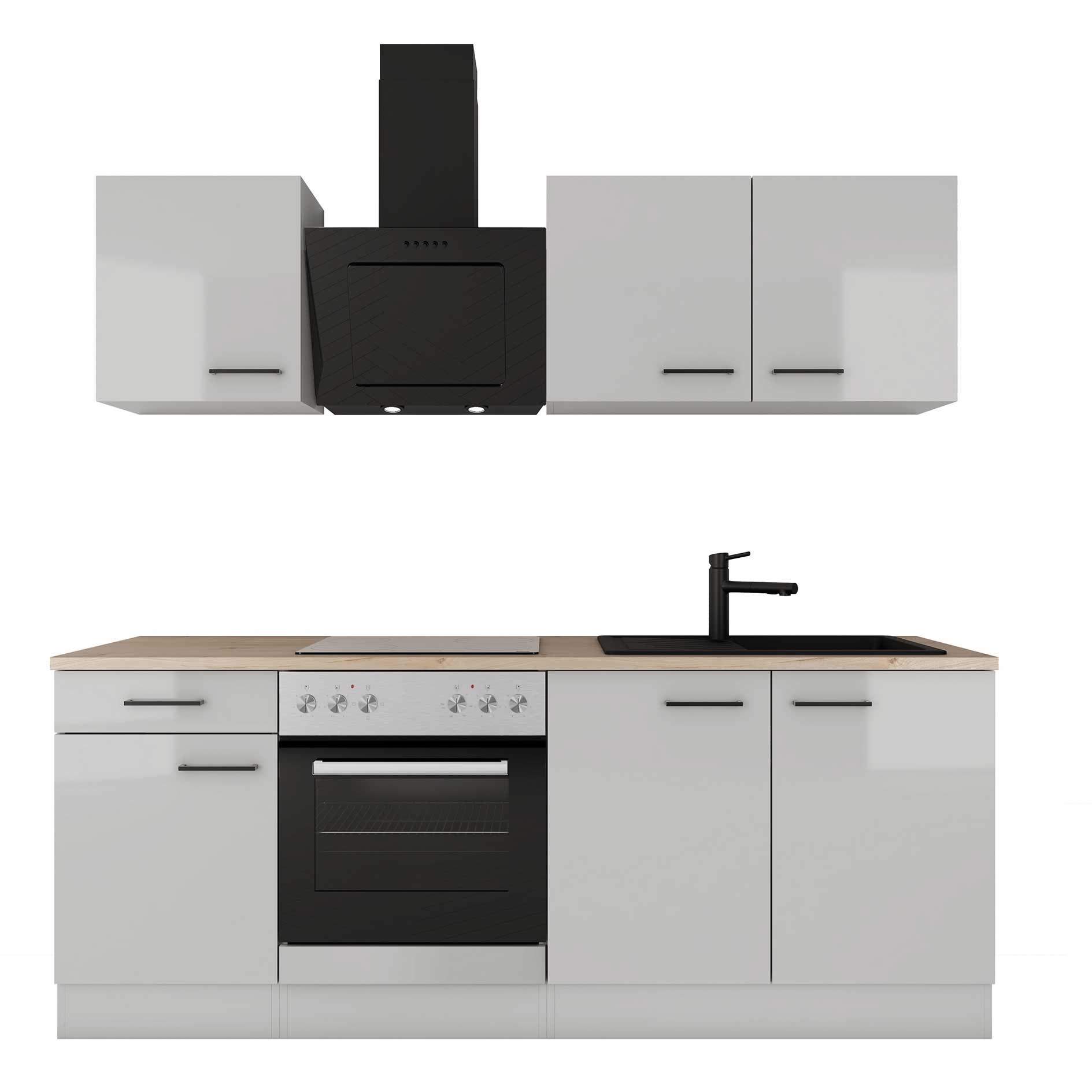 Küchenblock LEVI - lichtgrau glänzend - rauchgrau - mit E-Geräten - 210 cm