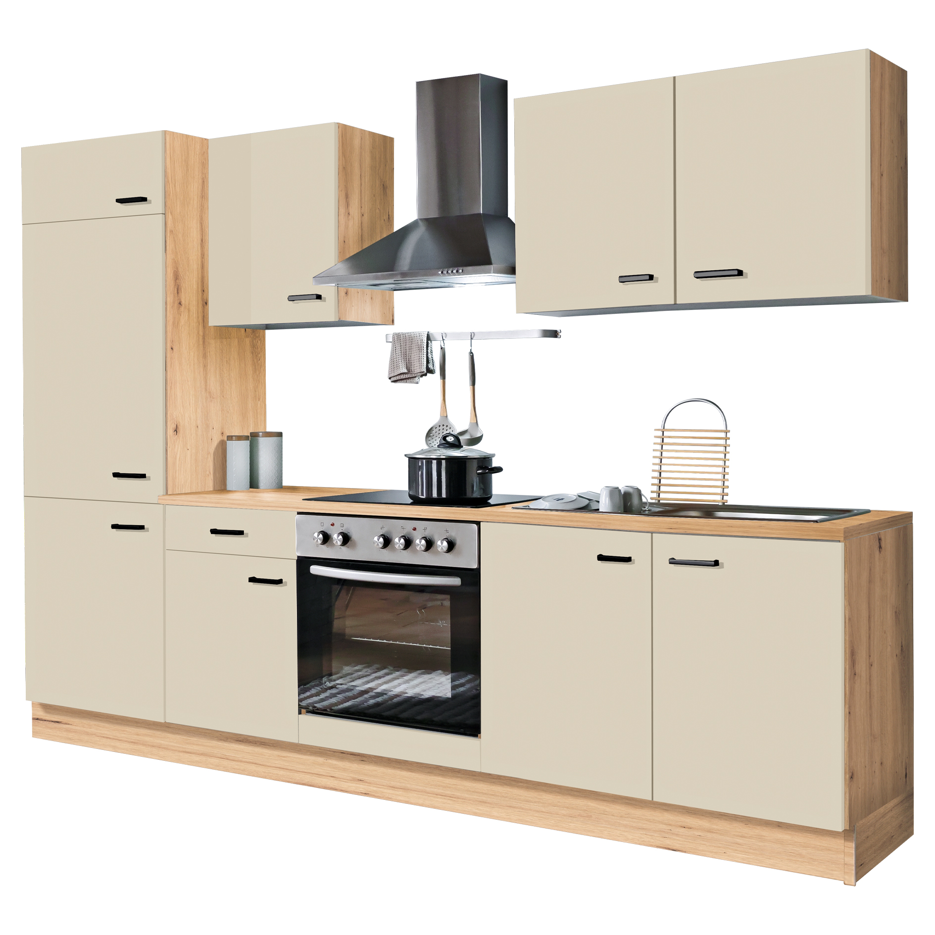 Küchenblock - Macadamia - Eiche Artisan - mit E-Geräten - Kühlschrank links - 270 cm