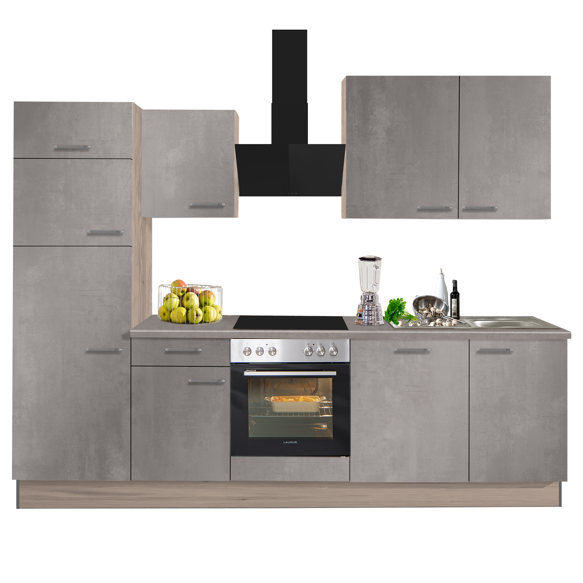 Küchenblock PN100 - Beton Perlgrau - Tanne Clay - mit E-Geräten - Kühlschrank links - 270 cm