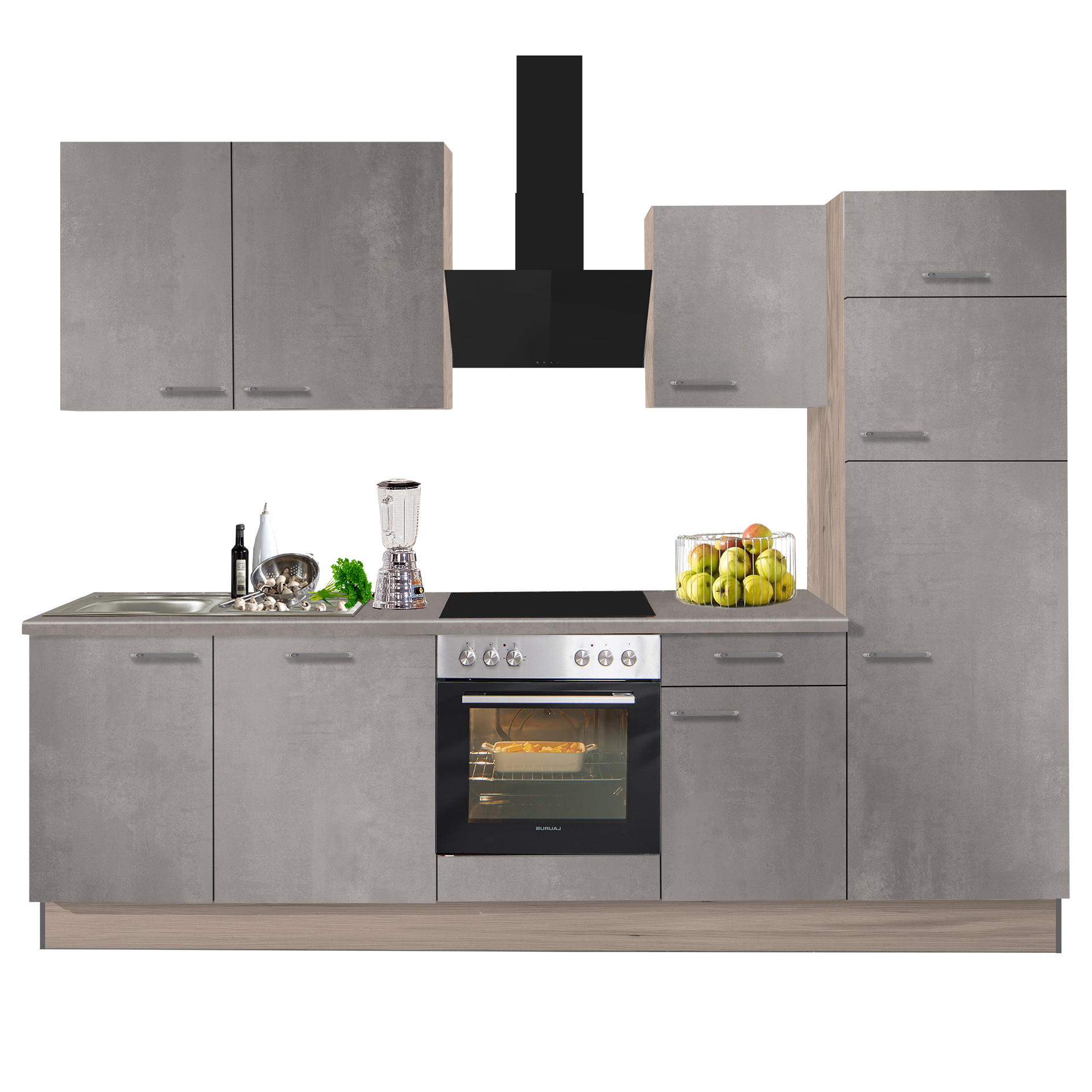 Küchenblock PN100 - Beton Perlgrau - Tanne Clay - mit E-Geräten - Kühlschrank rechts - 270 cm