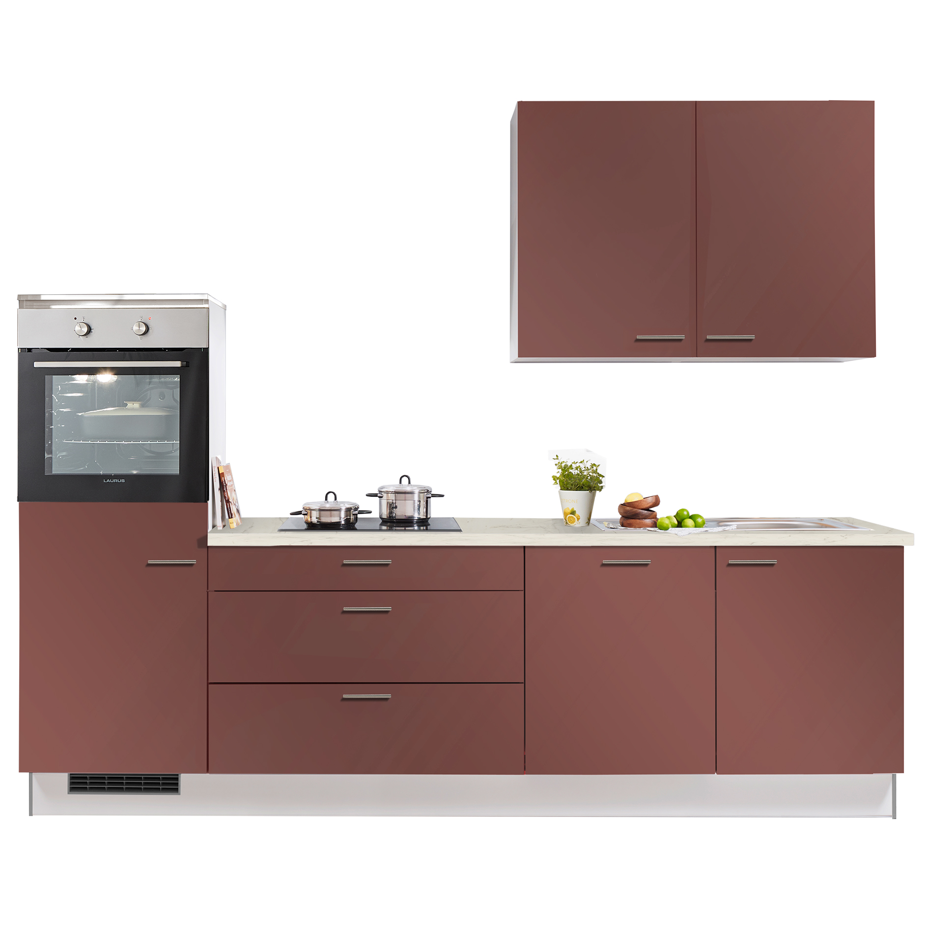 Küchenblock PN105 - Rubinrot - weiß - mit E-Geräten - Kühlschrank links - 280 cm