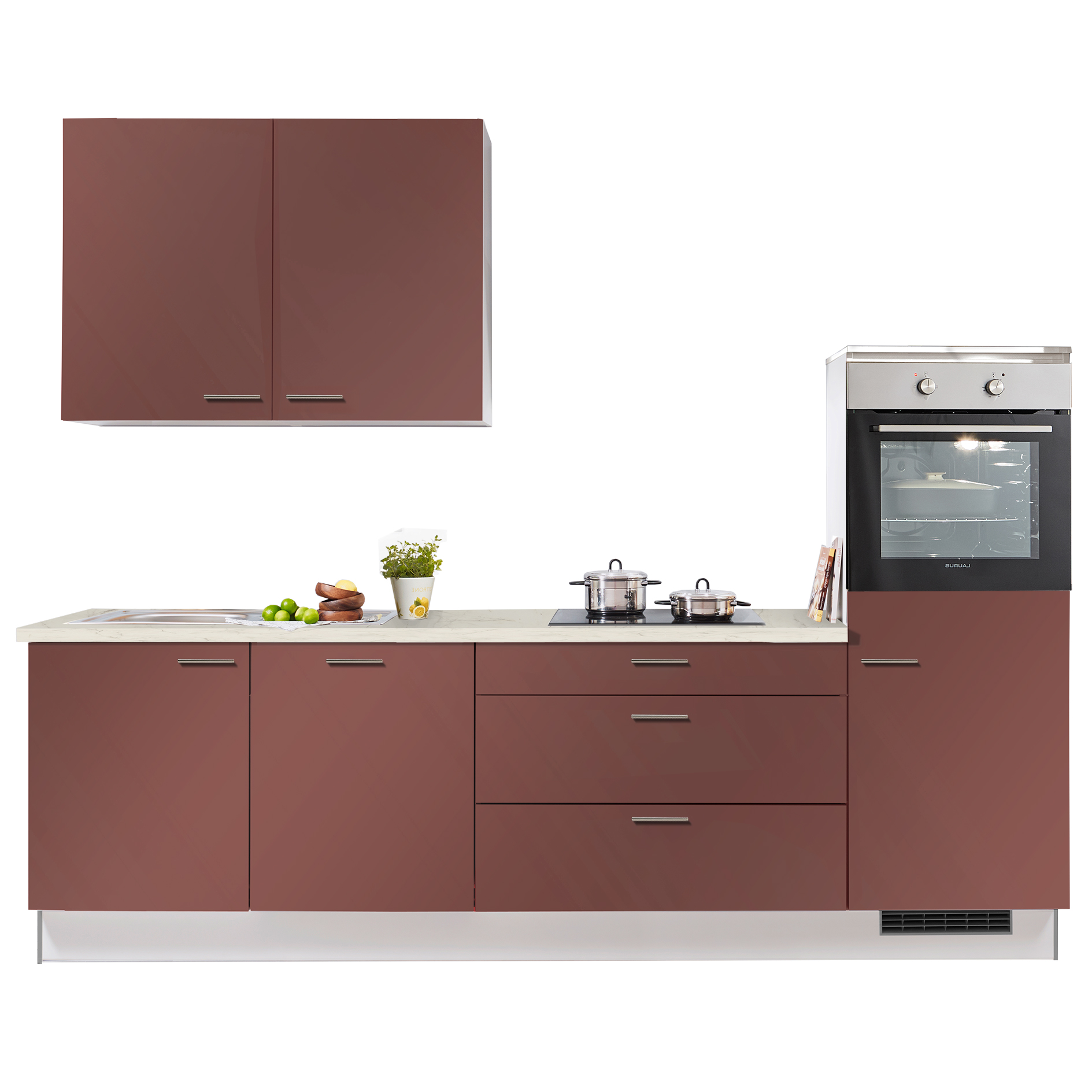 Küchenblock PN105 - Rubinrot - weiß - mit E-Geräten - Kühlschrank rechts - 280 cm