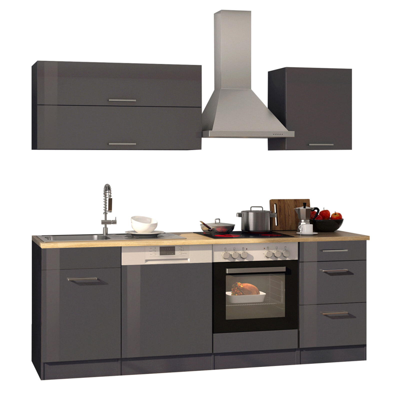 Küchenblock ROM - grau Hochglanz - mit E-Geräten - 220 cm