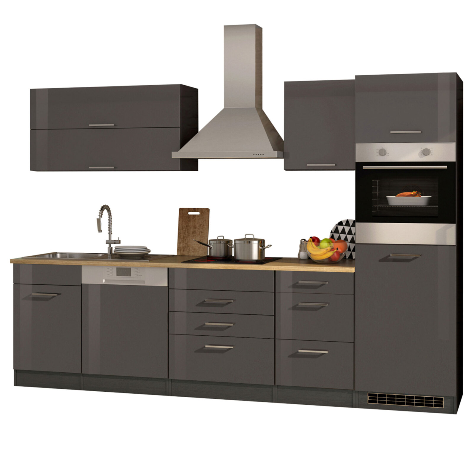 Küchenblock ROM - grau Hochglanz - mit E-Geräten - 300 cm