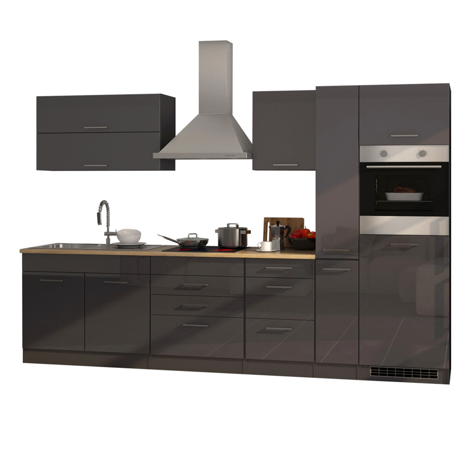 Küchenblock ROM - grau Hochglanz - mit E-Geräten - 320 cm