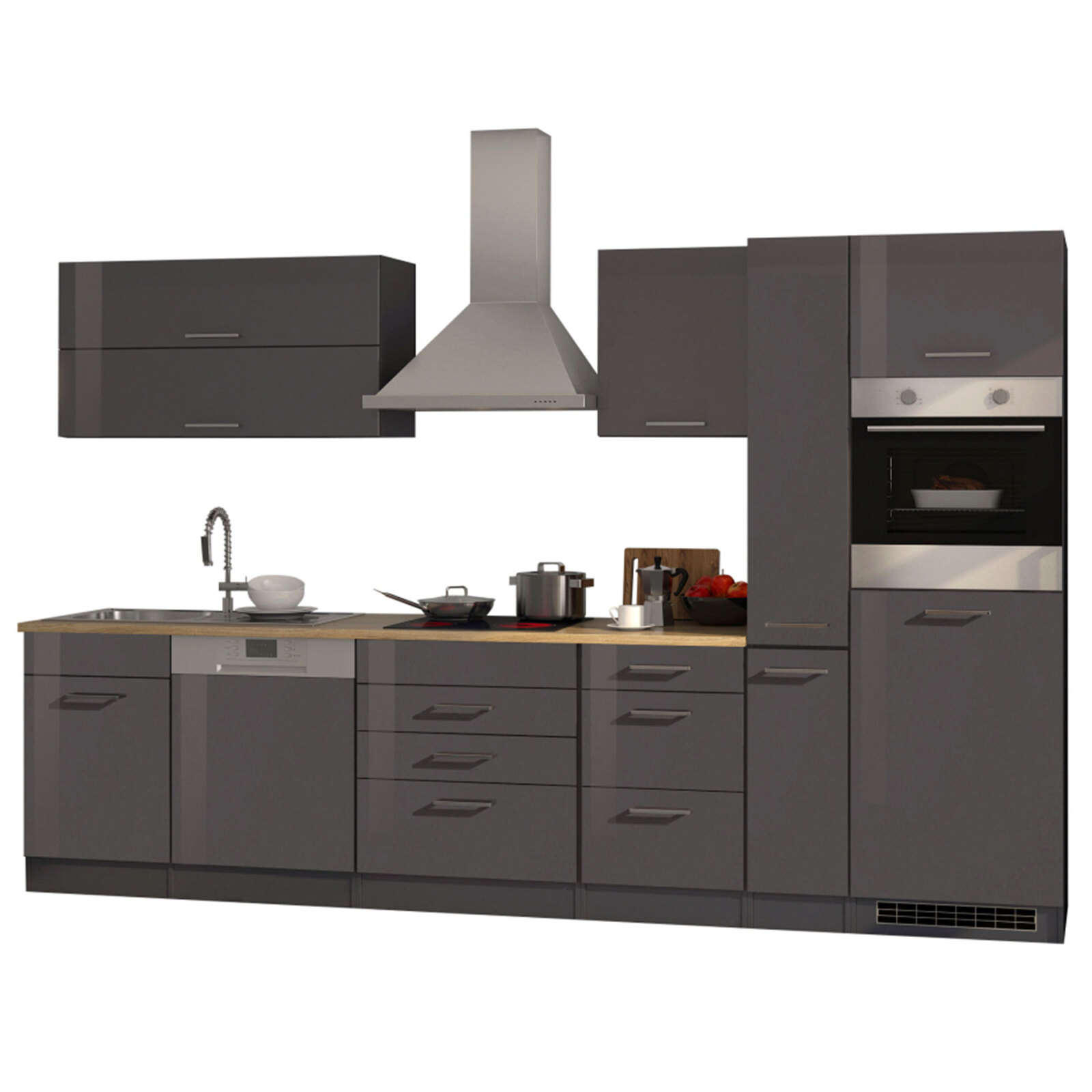 Küchenblock ROM - grau Hochglanz - mit E-Geräten - 330 cm