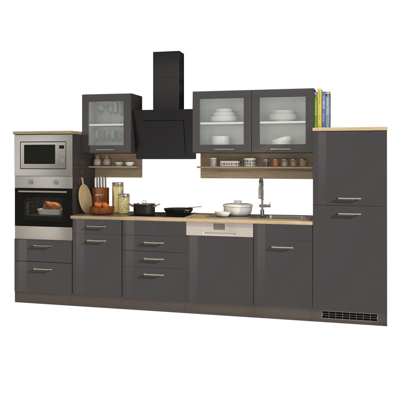 Küchenblock ROM - grau Hochglanz - mit E-Geräten - 340 cm