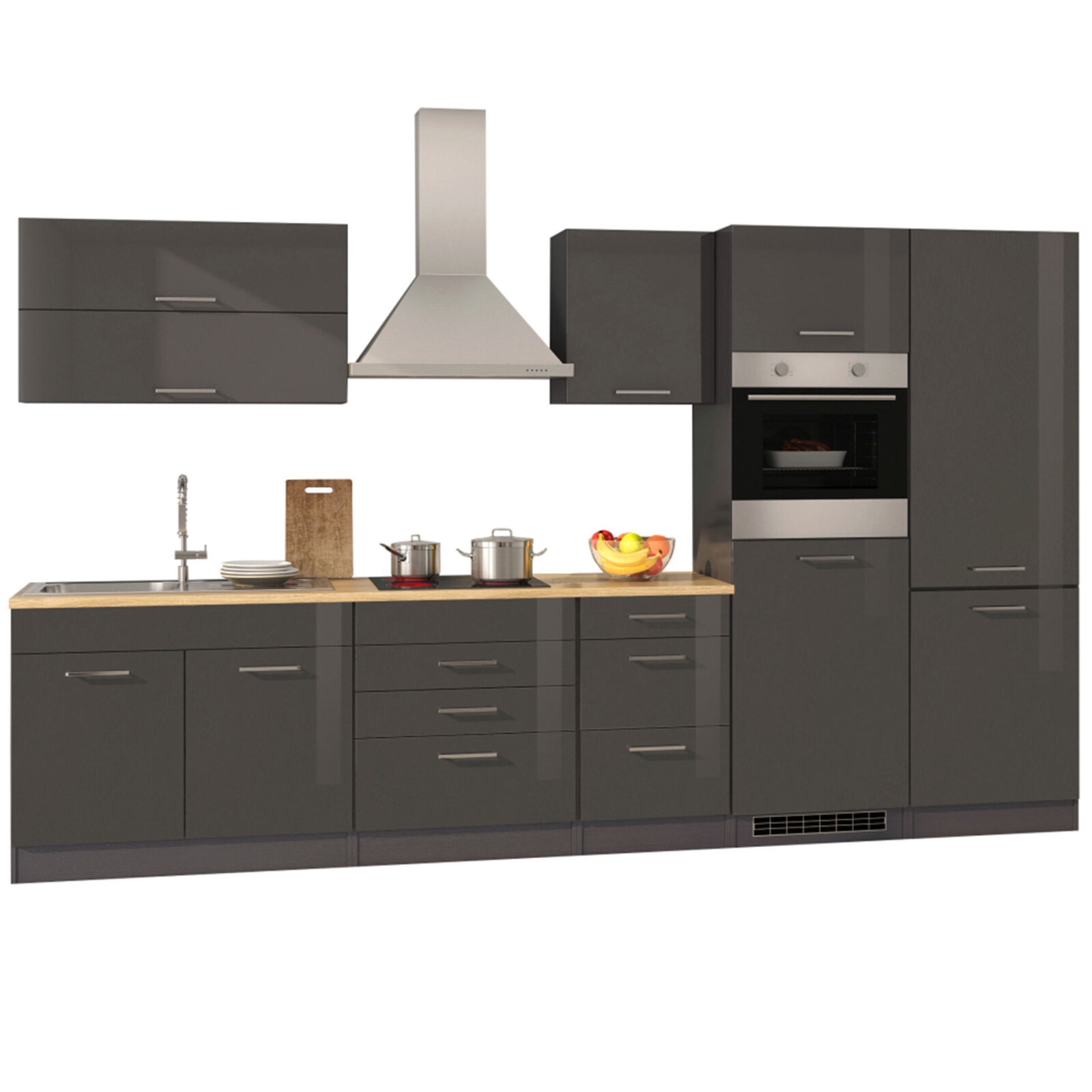 Küchenblock ROM - grau Hochglanz - mit E-Geräten - 350 cm