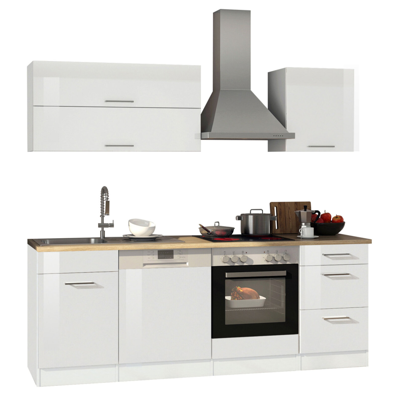 Küchenblock ROM - weiß Hochglanz - mit E-Geräten - 220 cm
