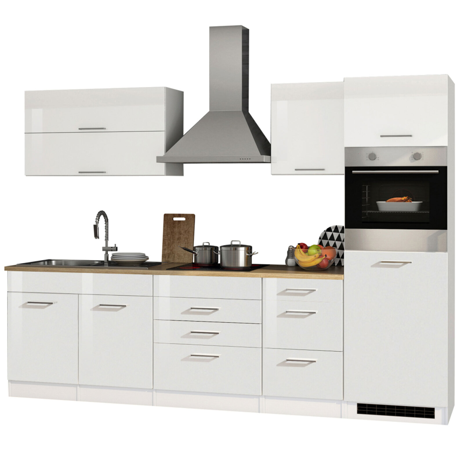 Küchenblock ROM - weiß Hochglanz - mit E-Geräten - 290 cm