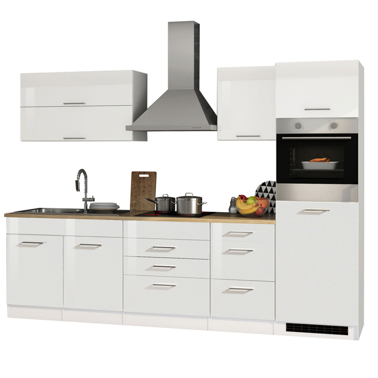 Küchenblock ROM - weiß Hochglanz - mit E-Geräten - 290 cm