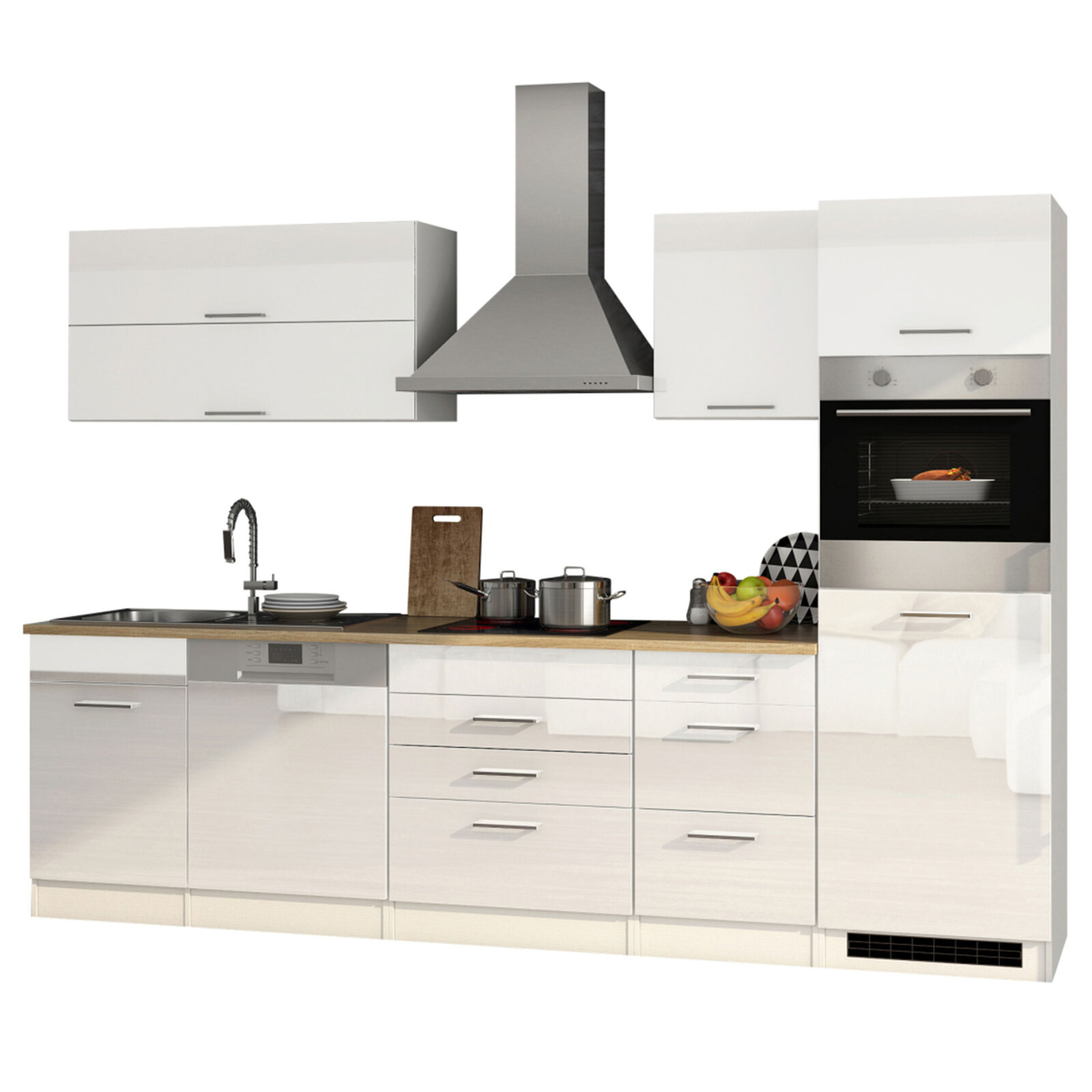 Küchenblock ROM - weiß Hochglanz - mit E-Geräten - 300 cm