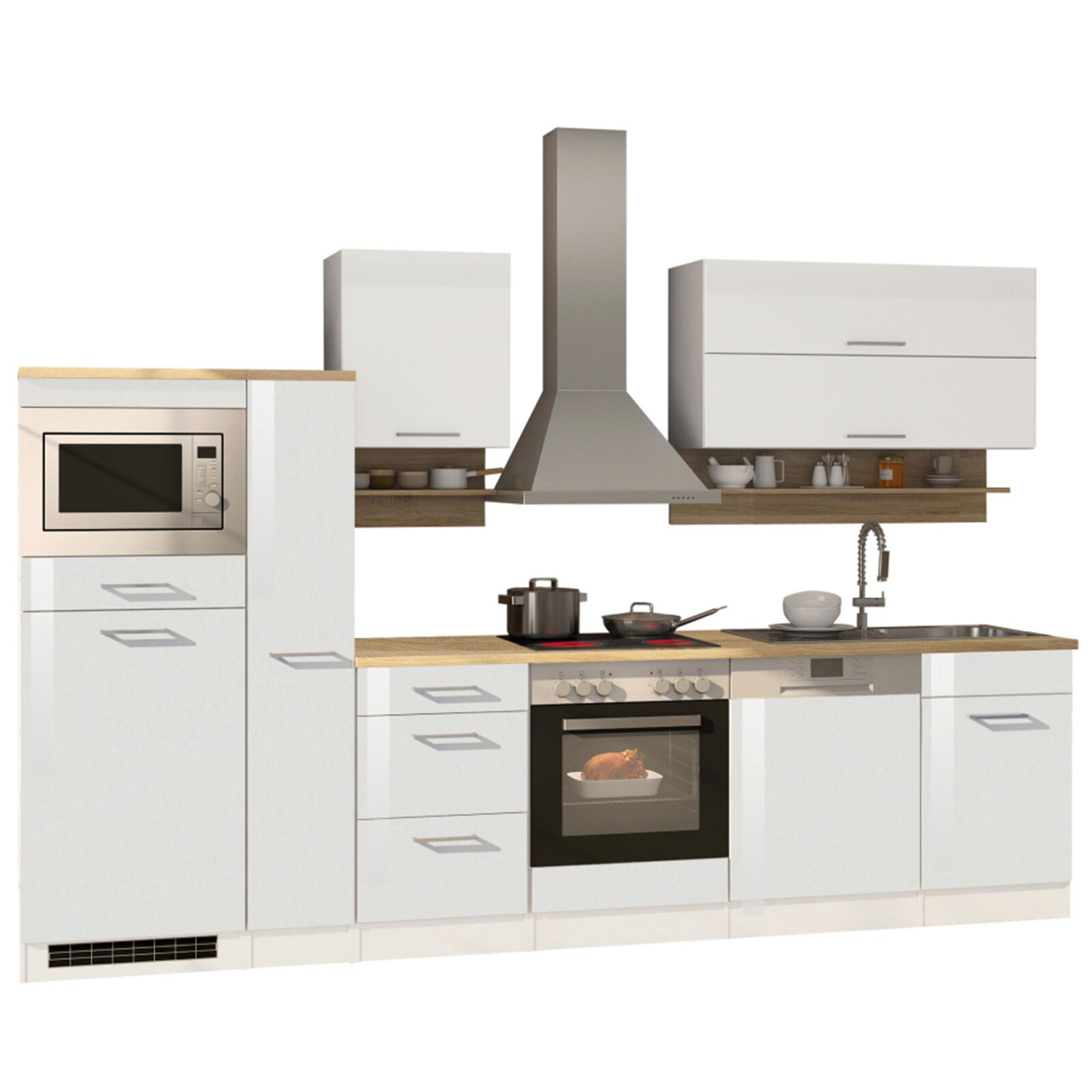Küchenblock ROM - weiß Hochglanz - mit E-Geräten - 310 cm
