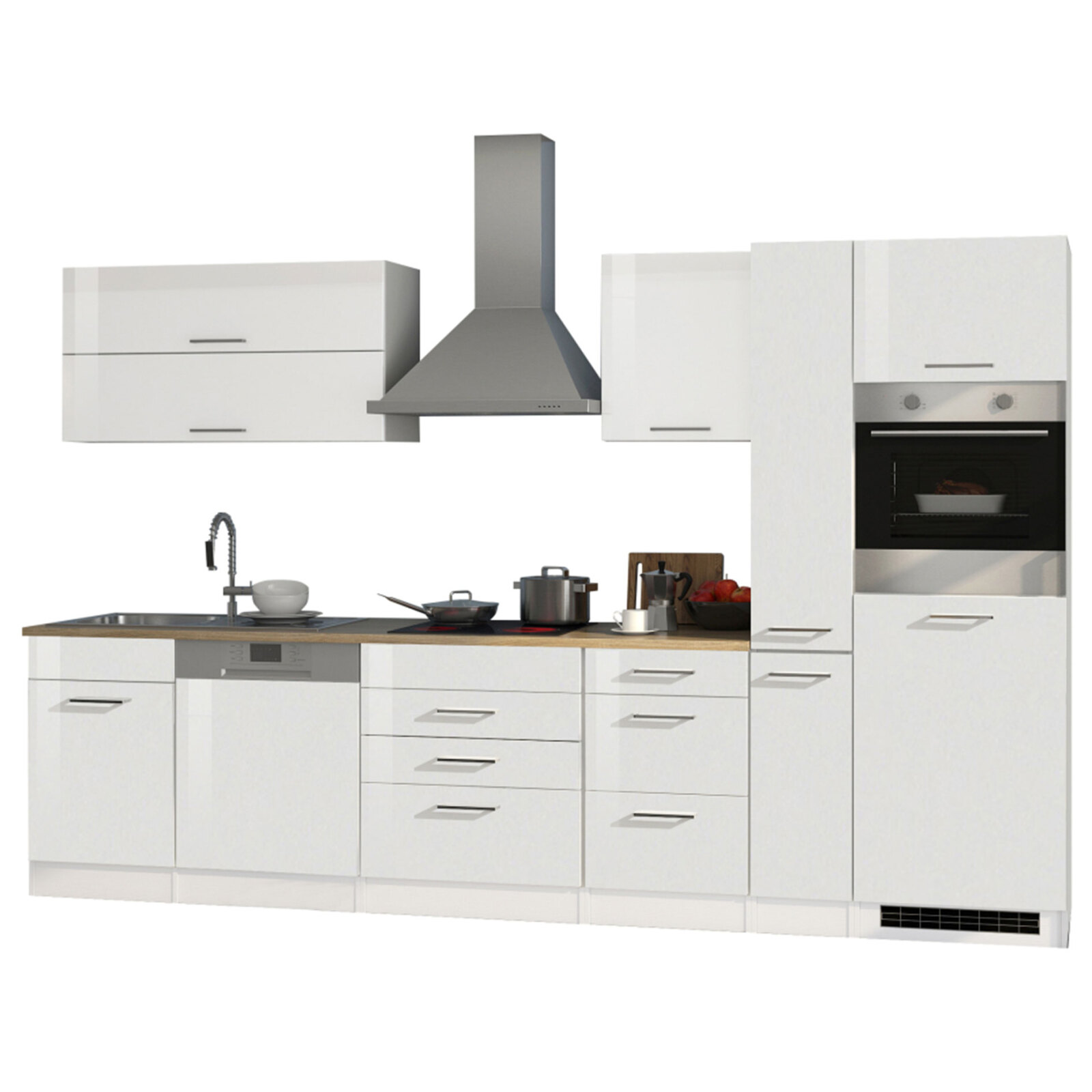 Küchenblock ROM - weiß Hochglanz - mit E-Geräten - 330 cm