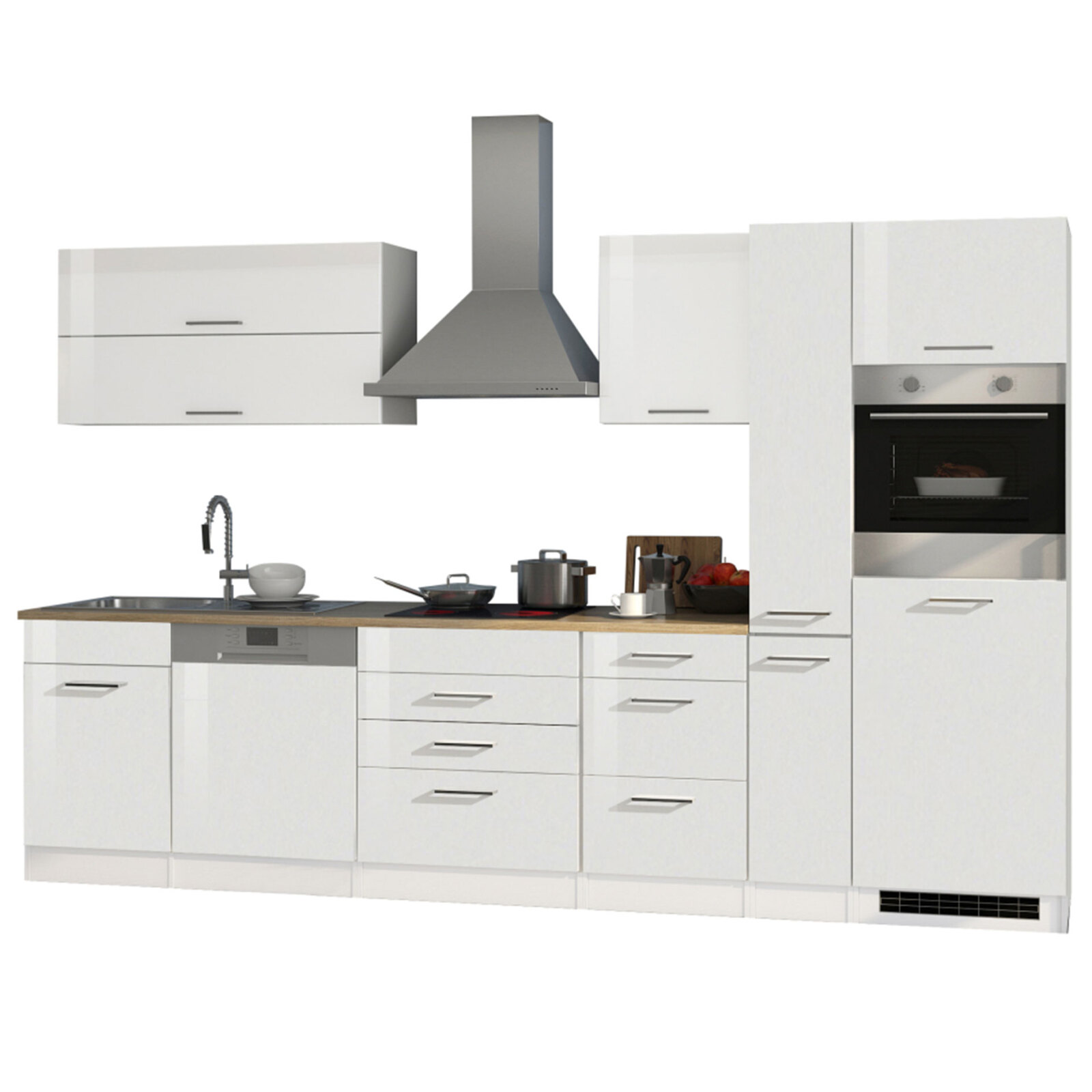 Küchenblock ROM - weiß Hochglanz - mit E-Geräten - 330 cm